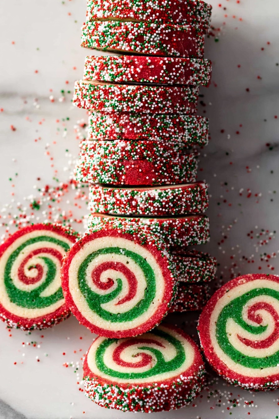 Festive Pinwheel Cookies, holiday swirl cookies, Christmas party cookies, colorful holiday treats, easy holiday baking - The image shows a stack of round pinwheel cookies with three visible layers spiraled inside each cookie: a red outer layer, a white middle layer, and a green inner layer. The edges of the cookies are covered with red, white, and green small round sprinkles that spill onto a white marbled surface. Some cookies are stacked neatly, while others lie flat beside the stack, showing the swirl pattern clearly. The cookies look festive and colorful, arranged in a tall stack with scattered sprinkles around them. Photo taken with an iphone --ar 2:3 --v 7