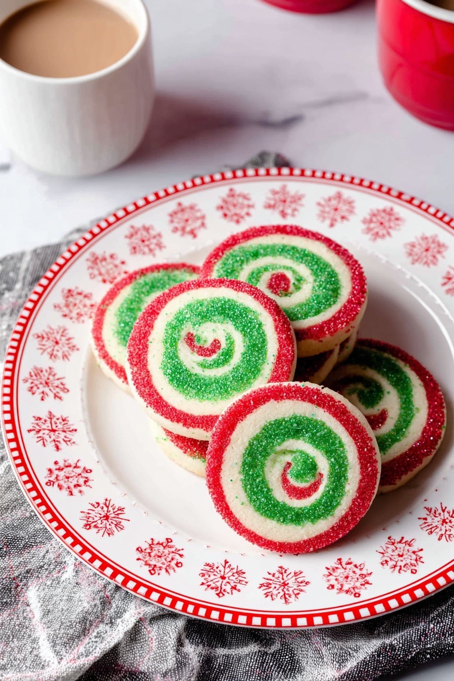 Festive Pinwheel Cookies, holiday swirl cookies, Christmas party cookies, colorful holiday treats, easy holiday baking - The image shows a stack of round spiral cookies on a white plate with red snowflake patterns and a red rim with dots and lines. The cookies have three colored layers forming a swirl: a green inner spiral, a white middle layer, and a red outer edge. The edges of the cookies are sprinkled with tiny colored sugar bits. The plate is placed on a white marbled surface, with part of a gray and white cloth visible underneath. To the top left of the plate, there is a white cup with a light brown drink inside, and to the top right, a red cup is partially visible. photo taken with an iphone --ar 2:3 --v 7