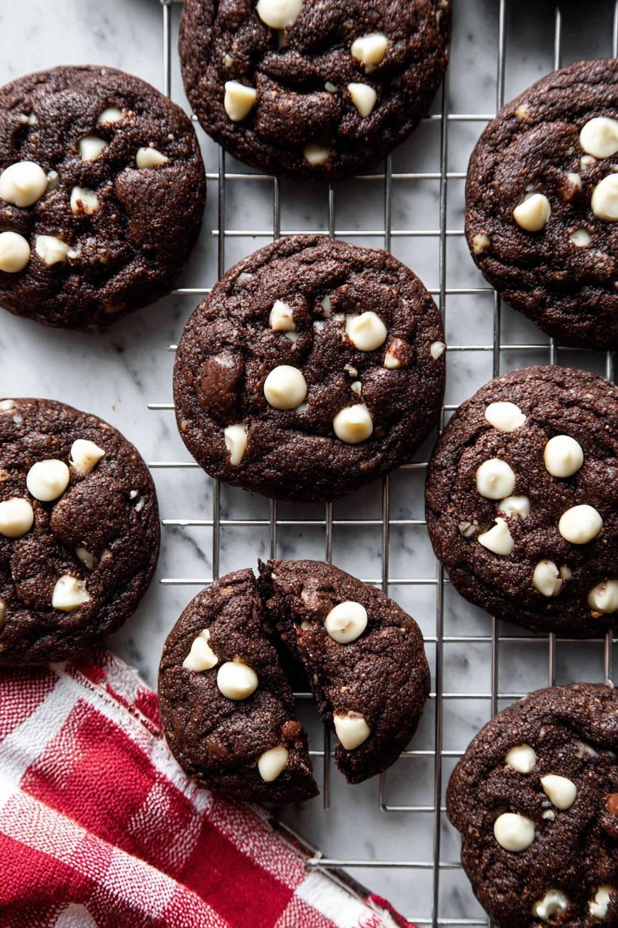 Inside Out Chocolate Chip Cookies, chocolate chip cookies with cocoa and white chocolate, thick fudgy cookie recipe, easy chocolate cookie dessert, homemade chocolate chip cookies - Dark brown round chocolate cookies with white chocolate chips scattered on top and inside, some cookies are whole and some broken, placed on a silver wire rack on a white marbled surface. A red and white checkered cloth is partially visible under one side of the rack. The cookies have a slightly rough texture, with some white chips melting into the dark dough. Photo taken with an iphone --ar 2:3 --v 7