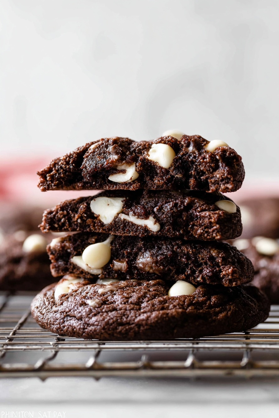 Inside Out Chocolate Chip Cookies, chocolate chip cookies with cocoa and white chocolate, thick fudgy cookie recipe, easy chocolate cookie dessert, homemade chocolate chip cookies - The image shows a stack of three dark chocolate cookies with white chocolate chips. The bottom cookie lies flat on a metal cooling rack, with a soft and slightly bumpy texture. On top are two cookie halves stacked unevenly, showing a moist inside with white chocolate chips embedded inside and on the surface. The background is a smooth white marbled texture, which highlights the deep brown color of the cookies and the bright white of the chips. Photo taken with an iphone --ar 2:3 --v 7