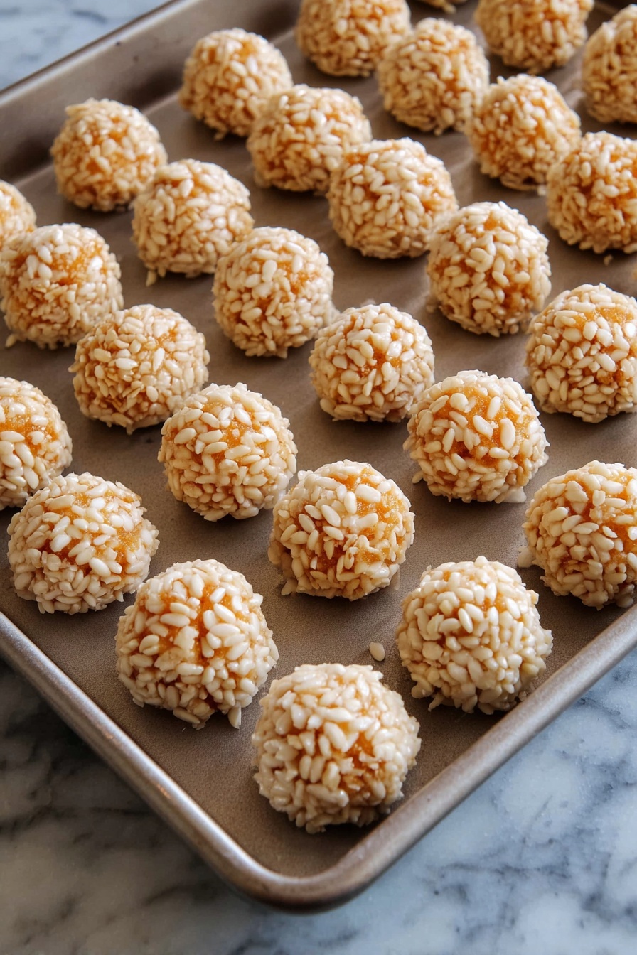 Marshmallow Caramel Rice Krispies Puffs, Rice Krispies snack ideas, homemade caramel treats, easy marshmallow cereal bars, sweet party snack recipes - There is a metal baking tray filled with small round balls arranged in neat rows. Each ball has a smooth, orange base layer covered with a rough texture layer of puffed rice all around it. The tray sits on a white marbled surface, and the lighting highlights the crunchy texture of the puffed rice coating the balls. Photo taken with an iphone --ar 2:3 --v 7