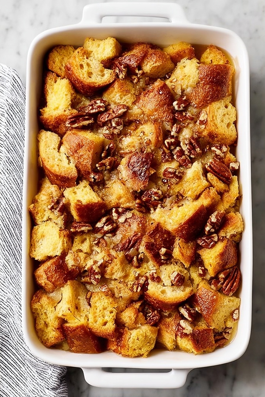 Easy French Toast Casserole with Pecans, French Toast Casserole with Pecans, Breakfast Casserole with Pecans, Make-Ahead French Toast Bake, Best Pecan French Toast - A white rectangular baking dish filled with a bread pudding made of uneven, golden-brown bread pieces as the top layer, with some pieces showing a crisp texture and others soft. Scattered throughout are small bits of pecans adding a nutty brown contrast on top. The dish rests on a white marbled surface with a striped cloth partially visible on the left side. The overall look is warm and inviting, showing a mix of crunchy and soft textures in a single-layer baked dish photo taken with an iphone --ar 2:3 --v 7