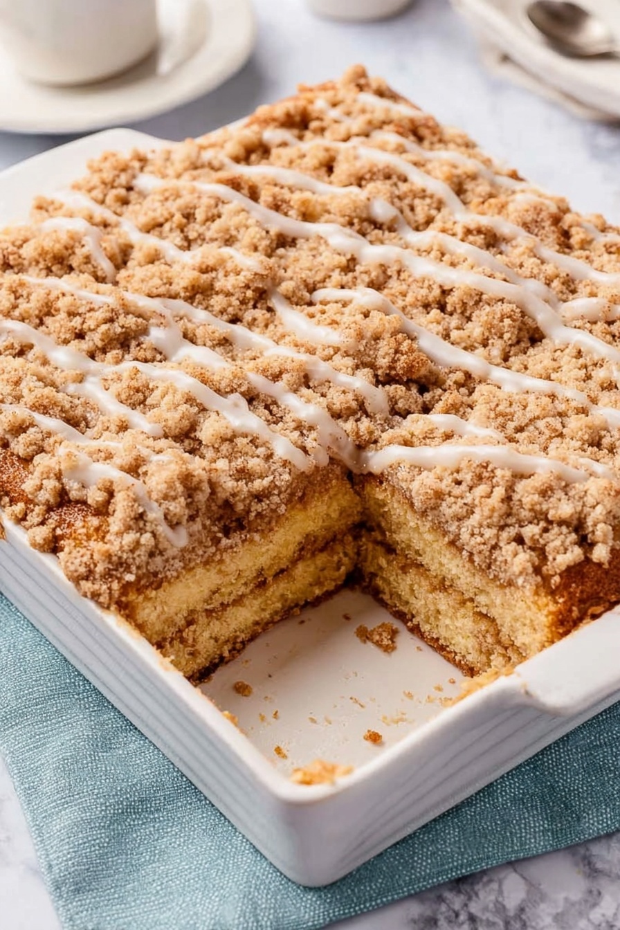 Sour Cream Coffee Cake with Streusel, coffee cake recipes, cinnamon coffee cake, moist coffee cake, homemade streusel topping - The image shows a white square baking dish with a crumb cake inside. The cake has two layers of soft light brown cake with a thick layer of crumb topping and a drizzle of white icing on top. The crumb topping is coarse and golden brown, covering the whole surface of the cake. One piece of the cake is missing, revealing the layers inside. The dish is placed on a white marbled surface with a pale blue cloth on the side. Photo taken with an iphone --ar 2:3 --v 7