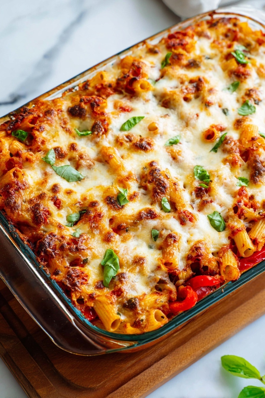 Roasted Vegetable Baked Ziti, Vegetarian Baked Ziti, Cheesy Vegetable Pasta, Easy Comfort Food Recipes, Healthy Baked Ziti - A glass baking dish filled with a baked pasta dish showing three visible layers: the bottom layer is a bright red tomato sauce with chunks of cooked red bell peppers; the middle layer has rigatoni pasta mixed with more sauce and vegetables, and the top layer is covered with melted, golden-brown cheese that has some lightly charred spots and fresh green basil leaves scattered on top. The dish sits on a wooden board placed on a white marbled surface with a few small basil leaves scattered nearby. photo taken with an iphone --ar 2:3 --v 7