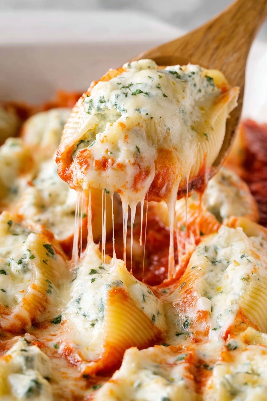 Cheesy Chicken Stuffed Shells, chicken stuffed pasta shells, creamy cheese stuffed shells, easy chicken pasta bake, comforting stuffed shell recipe - The image shows a tray full of stuffed pasta shells arranged tightly side by side on a white marbled surface. Each pasta shell is pale yellow and filled with creamy white cheese inside. Over the shells is a layer of red tomato sauce, topped by melted white cheese that flows smoothly over the shells. Small green pieces of herbs are sprinkled evenly across the whole dish, adding small green dots on the cheese and sauce. The texture of the melted cheese is soft and shiny, and the tomato sauce appears slightly chunky. photo taken with an iphone --ar 2:3 --v 7