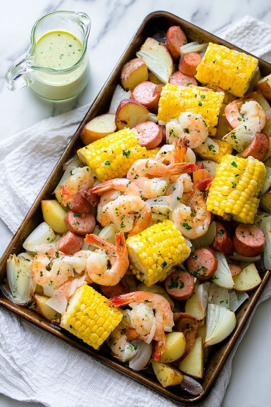 Old Bay Shrimp Boil, seafood boil recipe, shrimp boil with Old Bay, easy shrimp boil, seafood boil ideas - This image shows a tray of cooked food with several layers. The bottom layer consists of sliced red potatoes and onion pieces scattered across the tray. On top of this layer are thick slices of yellow corn on the cob, arranged in clusters. Mixed among the corn and potatoes are pink shrimp with tails on, and chunks of sliced sausage that are rich brown with a smooth texture. The entire dish is sprinkled lightly with green herbs, adding a splash of color. In the corner, there is a small clear glass pitcher containing a light green sauce with herbs, placed on a white marbled surface with a white cloth underneath the tray. photo taken with an iphone --ar 2:3 --v 7