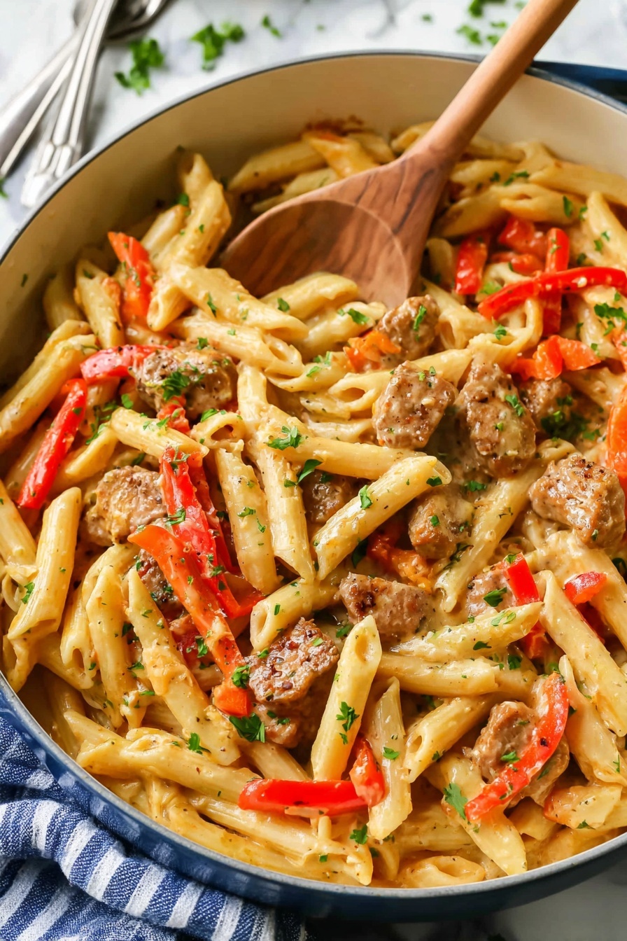 Creamy Cajun Chicken Pasta, Cajun Chicken Pasta, Creamy Pasta Recipes, Spicy Chicken Pasta, Easy Cajun Pasta Dinner - A white pan filled with pasta dish showing three main layers: the first layer is pale yellow penne pasta with a smooth texture, mixed evenly throughout; the second layer includes chunks of brown cooked meat scattered on top of the pasta; the third layer consists of thin red and orange bell pepper strips mixed throughout the dish; small green parsley leaves are sprinkled across the surface for garnish, and a wooden spoon is partially digging into the dish from the top left side. The pan sits on a white marbled surface with a blue and white striped cloth partly underneath, and a silver fork is placed next to the cloth. photo taken with an iphone --ar 2:3 --v 7