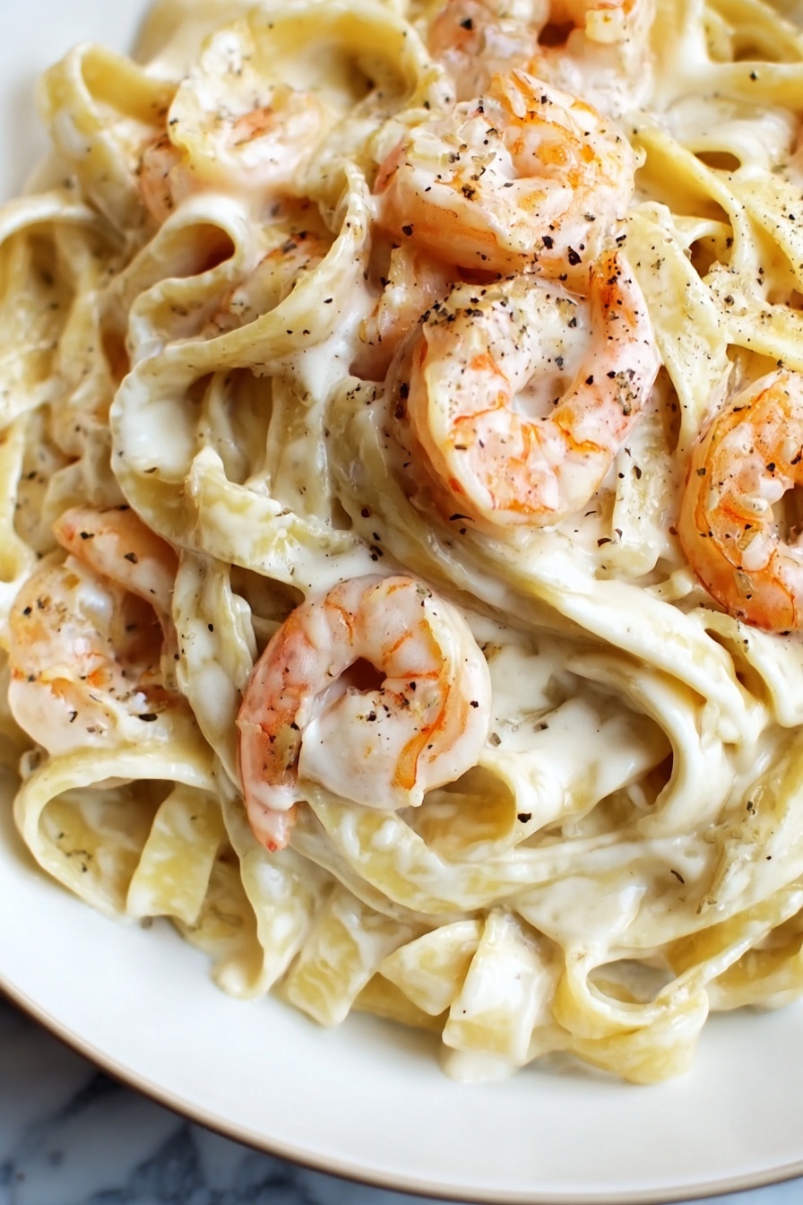 Shrimp Alfredo Pasta, Shrimp Alfredo, Creamy Shrimp Pasta, Easy Shrimp Pasta Recipe, Quick Alfredo Pasta - The image shows a close-up of creamy shrimp pasta with thick, flat noodles mixed in a white cream sauce. The noodles are smooth and light yellow, tangled together with several plump, pink shrimp placed on top and within the pasta. The shrimp have a light, slightly translucent texture with some orange highlights. Small specks of black pepper are sprinkled evenly over the dish, adding contrast to the creaminess. The background is a white marbled texture. photo taken with an iphone --ar 2:3 --v 7