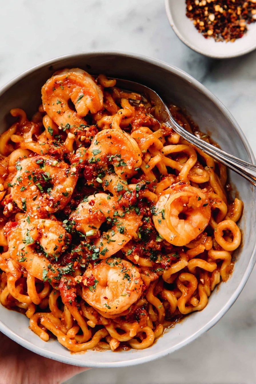 Shrimp Fra Diavolo Pasta, spicy shrimp pasta recipe, garlic shrimp pasta, quick seafood pasta, easy Italian pasta dishes - The image shows a close-up of a pasta dish with curly, ridged pasta noodles that have a light yellow color. Scattered on top are many cooked shrimp that are orange with some pinkish, white parts. The shrimp are seasoned with small dark and green herb flakes. Small chunks of red tomato sauce are spread throughout the pasta and shrimp, adding bright color. The dish's texture looks slightly moist with a mix of smooth pasta and the firmer shrimp. The background has a white marbled texture. Photo taken with an iphone --ar 2:3 --v 7