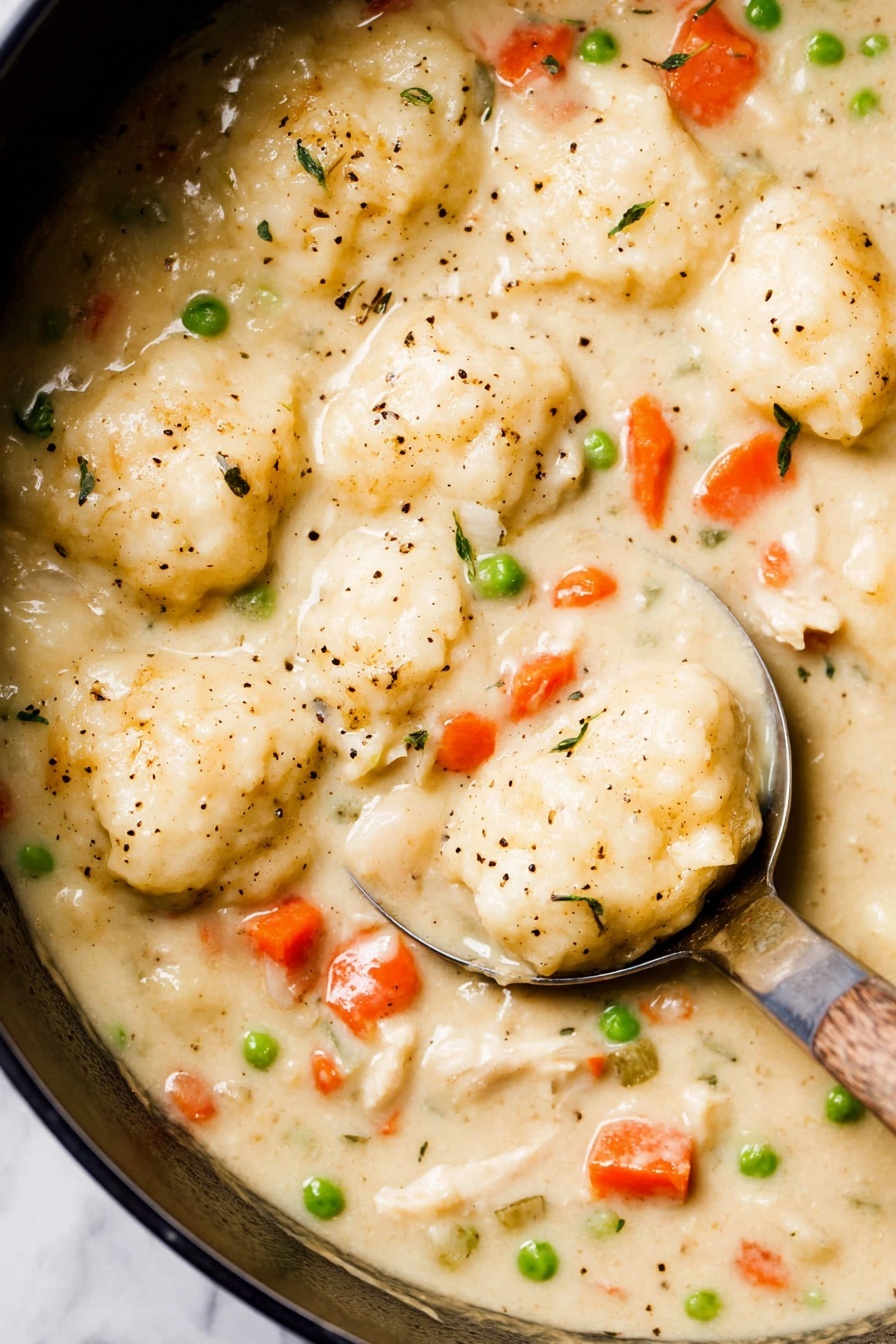 Vegan Chicken and Dumplings Soup, plant-based chicken soup, vegan comfort food, hearty vegan soup, easy vegan dumpling recipe - This image shows a close-up of a creamy stew in a black pot, filled with chunky white dumplings that have a soft, fluffy texture and are sprinkled with black pepper. The stew is thick and light beige with visible chunks of orange carrots, small green peas, and pieces of white meat scattered throughout. A metal ladle with a wooden handle is partially submerged in the stew on the right side, scooping up one dumpling. The background surface has been changed to a white marbled texture. photo taken with an iphone --ar 2:3 --v 7