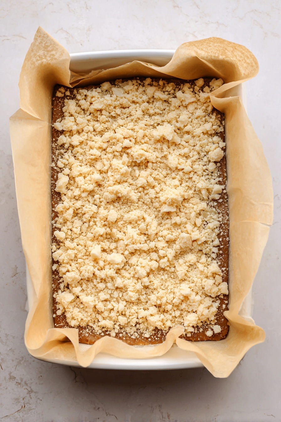 Vegan Pumpkin Crumble Bars, pumpkin dessert, vegan fall treats, healthy pumpkin bars, easy vegan pumpkin recipes - A rectangular dessert with two main layers sits inside a white baking dish lined with beige parchment paper. The bottom layer is a dense, medium brown base, smooth in texture. The top layer is made of scattered crumbly pieces in pale yellow and off-white colors, giving a rough and irregular look. The edges of the parchment paper fold up and around the dessert, creating a soft border. The whole dish rests on a white marbled surface. photo taken with an iphone --ar 2:3 --v 7