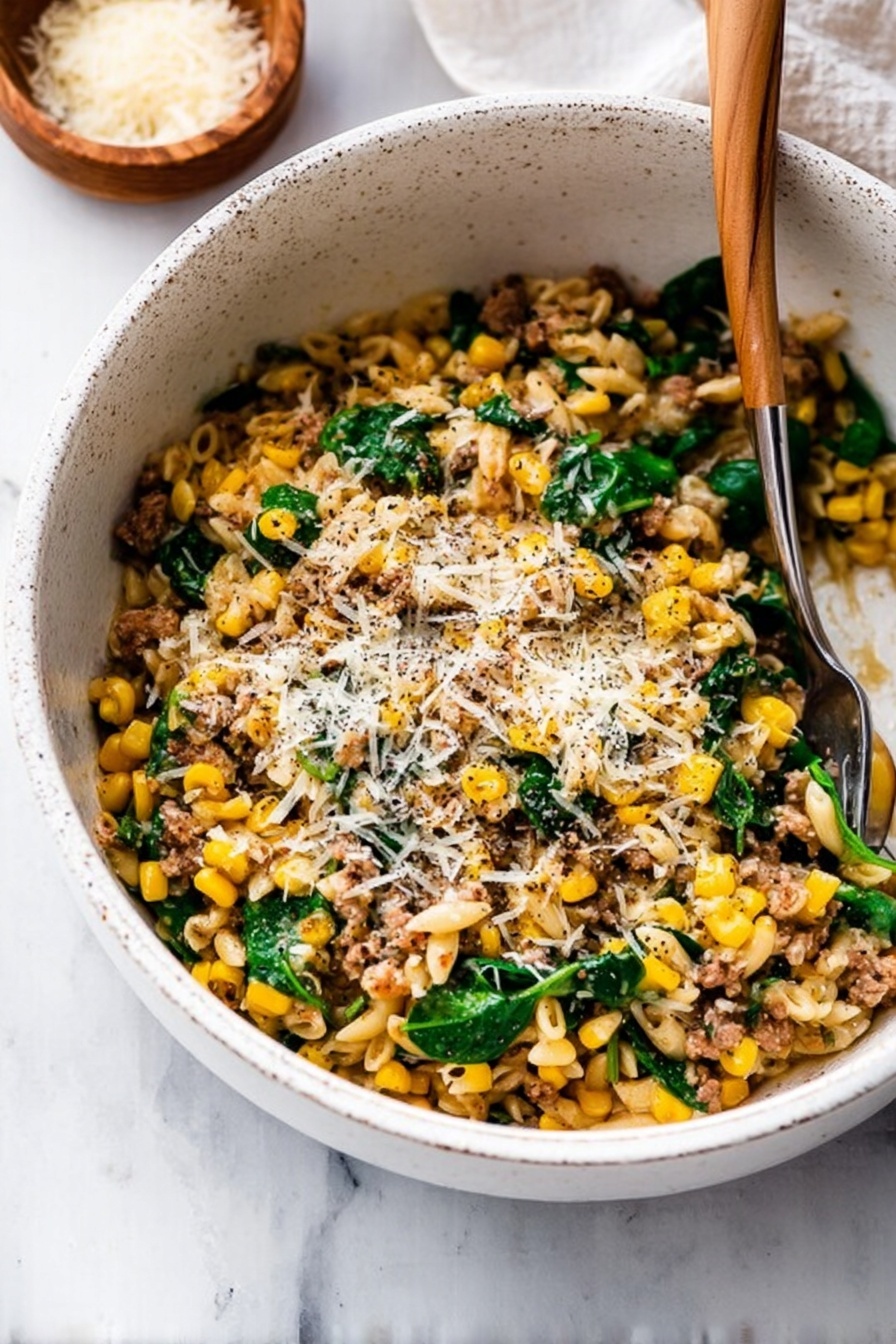 Creamy Sausage Orzo with Spinach, sausage orzo skillet, one-pot sausage and spinach dish, easy creamy sausage pasta, comforting sausage dinner - A white speckled bowl filled with a mix of small pasta, bright yellow corn kernels, green spinach leaves, and bits of cooked ground meat. The top is sprinkled with melted grated cheese and black pepper. A silver fork is resting inside the bowl, partially buried in the food. The bowl is on a white marbled surface with a small brown bowl of grated cheese nearby. Photo taken with an iphone --ar 2:3 --v 7