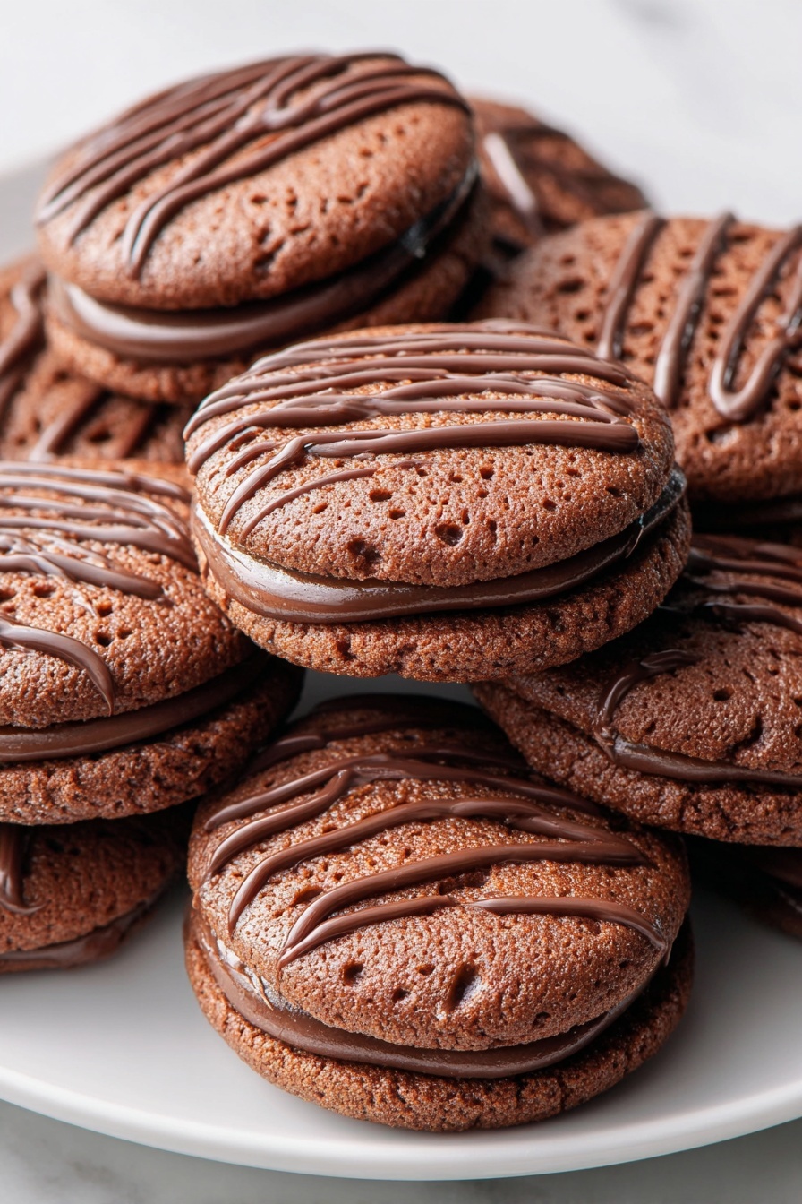 Fudge Rounds Cookies with Chocolate Filling, homemade chocolate sandwich cookies, soft fudgy cookies with chocolate filling, easy chocolate cookie recipe, chocolate-filled sandwich cookies - A single chocolate cookie is placed in the center of a white plate on a white marbled surface. The cookie has two round layers with a smooth chocolate filling in the middle. The top layer is decorated with thin, wavy lines of chocolate drizzle. A bite is taken out of the cookie, showing the soft texture inside, and a small crumb lies nearby. In the background, a cooling rack with more cookies can be seen slightly out of focus, and a white glass of milk is partially visible on the left edge of the image. Photo taken with an iphone --ar 2:3 --v 7