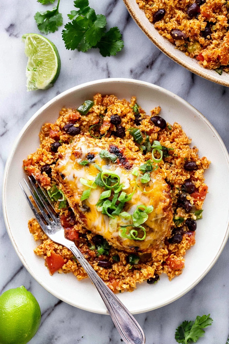 Salsa Chicken with Cauliflower Rice, healthy salsa chicken skillet, low-carb chicken dinner, quick weeknight chicken recipes, flavorful cauliflower rice dish - A close-up view of a skillet filled with several pieces of grilled chicken topped with melted cheese and red sauce, each piece showing a mix of golden brown and white from the cheese, and red from the sauce. Underneath and around the chicken, there is a layer of orange-brown cooked rice mixed with black beans, scattered with green onion slices and small green herb leaves. The chicken pieces have a slightly crispy texture with melted cheese stringing between them. The skillet has a dark edge visible at the top, and a wooden spoon is lifting a portion from the side. Photo taken with an iphone --ar 2:3 --v 7