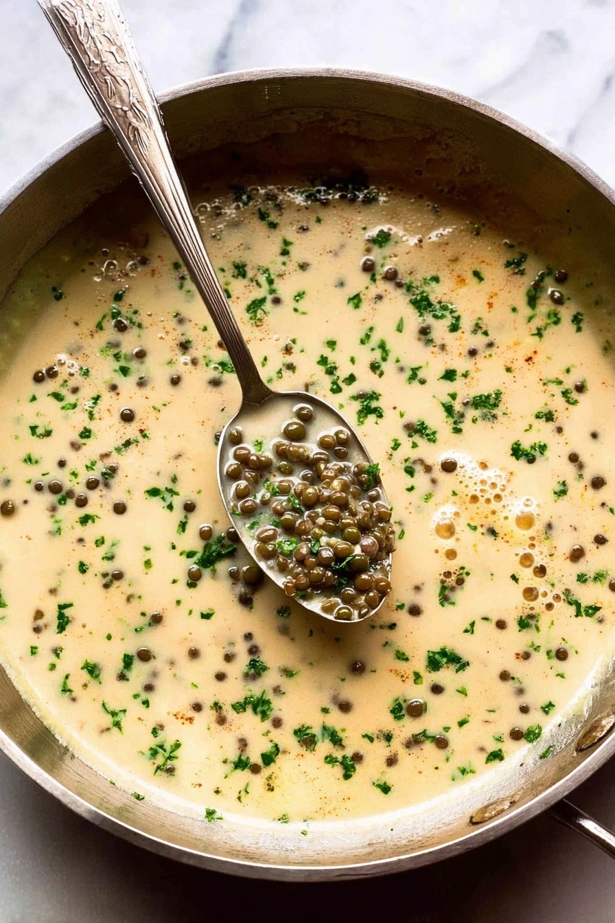 Lemon Caper Butter Sauce for Fish and Chicken, lemon butter sauce, seafood and chicken sauces, easy lemon caper sauce, quick fish and chicken topping - A round metal pan filled with a creamy light beige sauce that has small green lentils and tiny green herbs sprinkled throughout. In the center of the pan, a silver spoon holds some of the lentils and sauce. The sauce has a smooth and slightly thick texture with visible bubbles on the surface. The background is a white marbled texture. Photo taken with an iphone --ar 2:3 --v 7