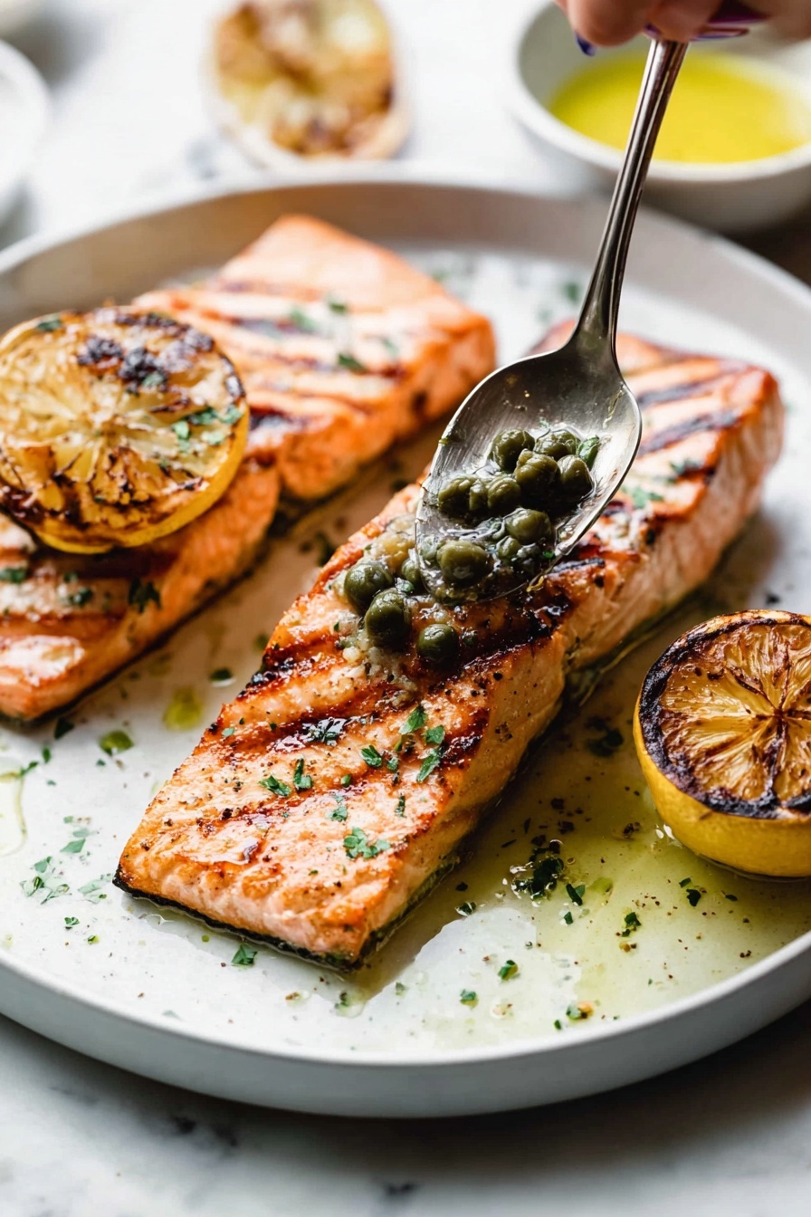 Lemon Caper Butter Sauce for Fish and Chicken, lemon butter sauce, seafood and chicken sauces, easy lemon caper sauce, quick fish and chicken topping - Two grilled salmon fillets with visible dark grill lines lie on a white plate over a white marbled surface. One fillet in front is topped with a spoon held by a woman's hand, adding green capers and a drizzle of oil. Each fillet has a sprinkling of finely chopped herbs and pepper, adding green and black specks. On each side of the plate, there is a round grilled lemon half, showing a charred brown and yellow texture. The plate has some small scattered herb bits and oil drops around the salmon. A small bowl with yellow sauce is partly visible at the plate's edge in the bottom right corner. photo taken with an iphone --ar 2:3 --v 7