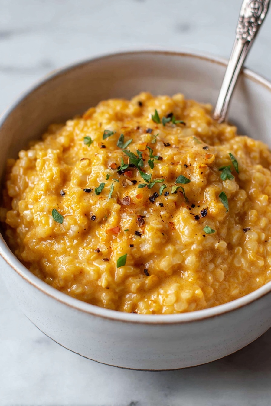 Cheesy Quinoa, healthy cheesy quinoa dish, easy quinoa recipes, quick cheese quinoa, comforting quinoa dinner - A close-up view of a bowl filled with a creamy, chunky orange-colored dish. The dish has small, round grains mixed in with a smooth sauce giving it a thick and hearty texture. It is lightly sprinkled with small green herb pieces and a few black pepper flakes on top. The bowl is white with a subtle shiny glaze, sitting on a white marbled surface. A silver spoon with a detailed handle is partially visible resting inside the bowl. Photo taken with an iphone --ar 2:3 --v 7