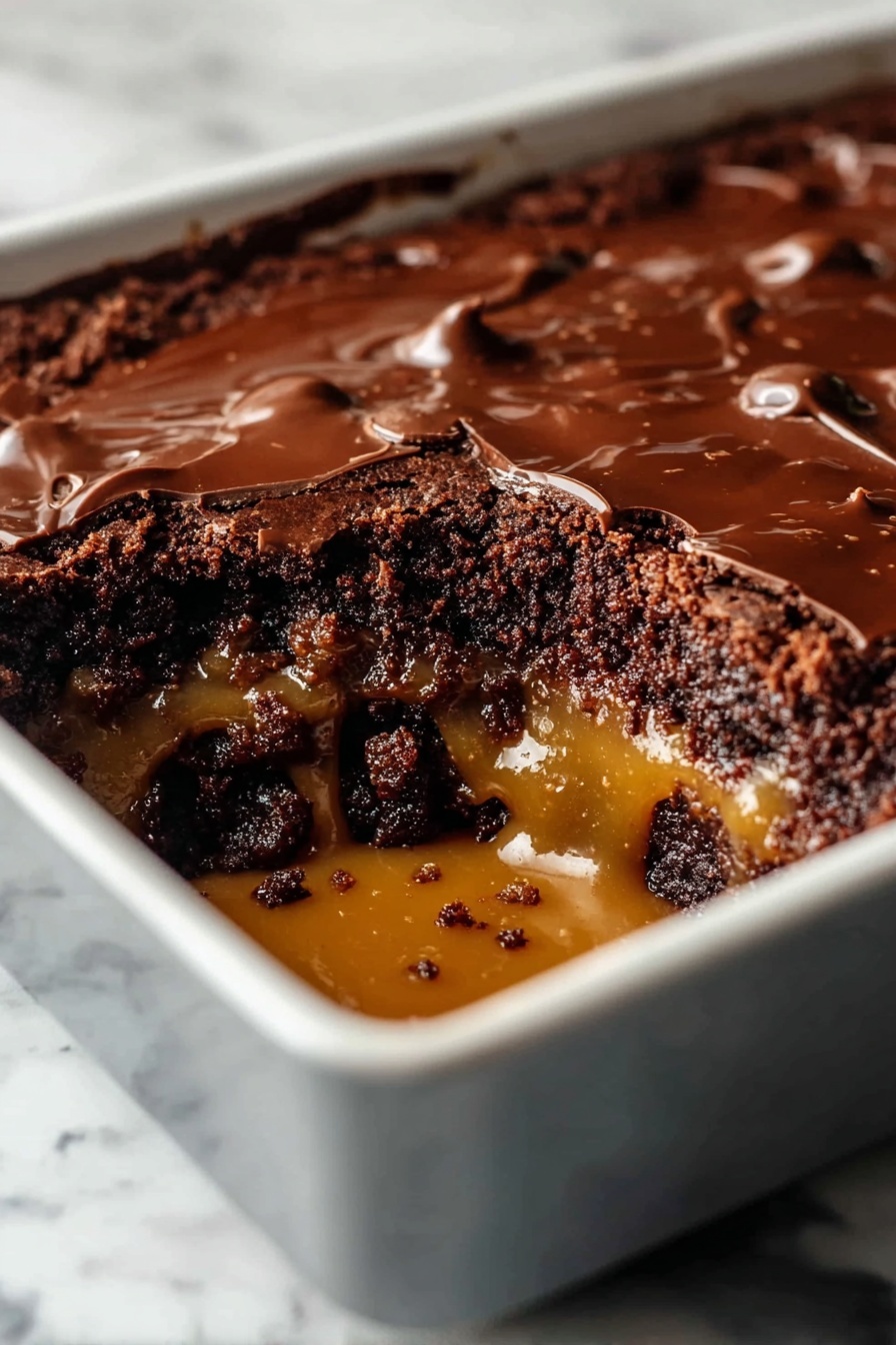 Chocolate Caramel Dump Cake, easy chocolate caramel dessert, no-fuss caramel cake, quick chocolate caramel treat, layered dump cake - The image shows a close-up view of a white baking dish with a chocolate dessert inside, which has three visible layers. The top layer is a shiny, melted dark chocolate with a slightly wrinkled texture. Below that is a thick, crumbly dark brown chocolate layer. The bottom layer is a smooth, golden caramel that is slightly spilled inside the dish. The dessert has a section cut out, revealing the gooey caramel dripping down and mixing with the crumbly chocolate layer. The background is a white marbled surface. photo taken with an iphone --ar 2:3 --v 7