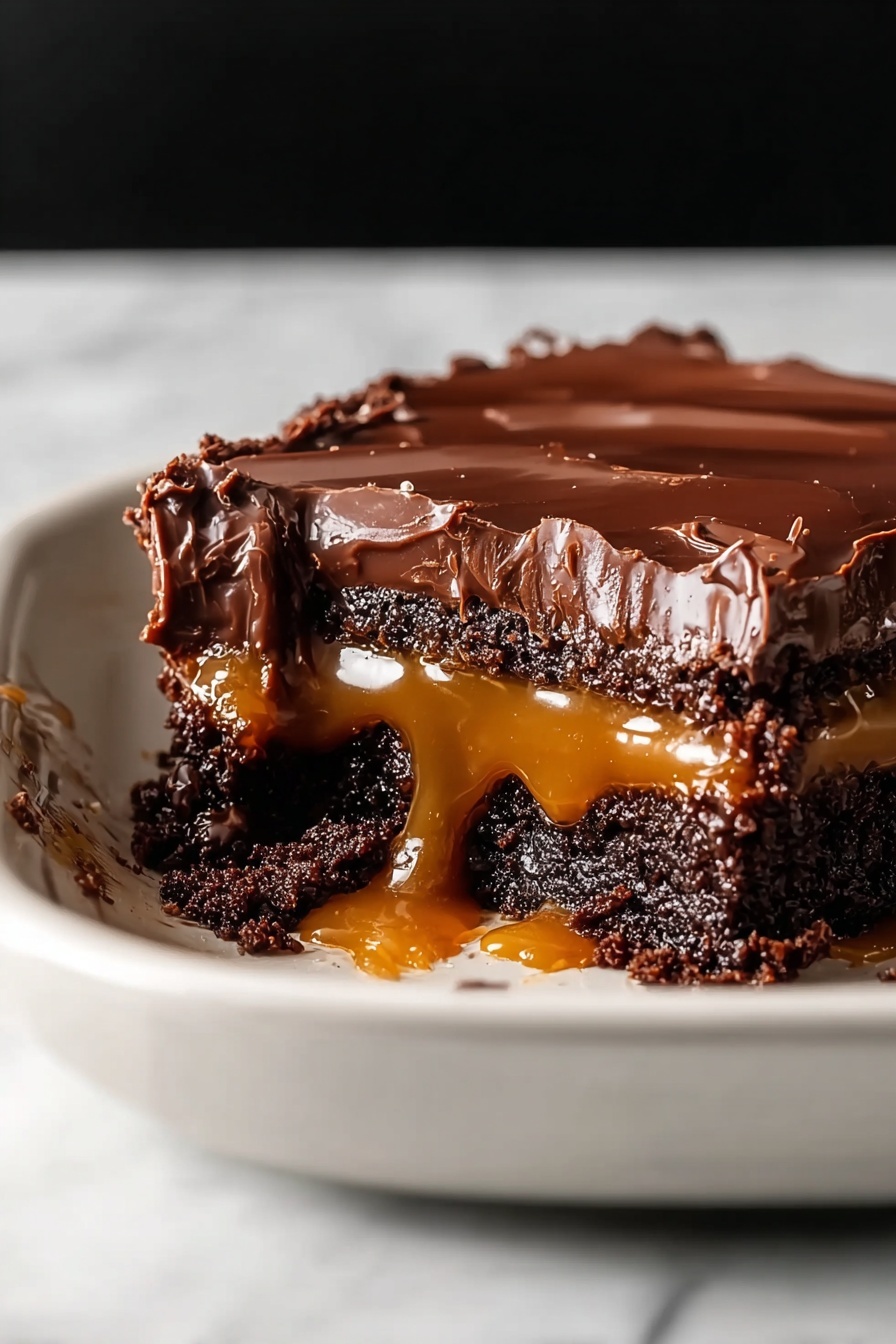 Chocolate Caramel Dump Cake, easy chocolate caramel dessert, no-fuss caramel cake, quick chocolate caramel treat, layered dump cake - The image shows a thick square piece of dessert with four visible layers. The bottom and third layers are dark brown, crumbly cake with small bits mixed in for texture. The second layer is creamy caramel color, smooth and slightly shiny, oozing out at the edges. On top, there is a shiny caramel layer dripping slowly down, with chunks of dark chocolate scattered on it. The dessert sits on a white plate, with a white marbled background. Photo taken with an iphone --ar 2:3 --v 7