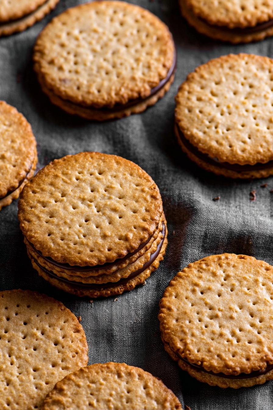 Almond Flour Lace Cookies, almond flour lace cookies recipe, delicate lace cookies, crispy almond cookies, caramelized almond cookies - The image shows several round cookies with a golden-brown color and a slightly crispy texture. Each cookie has two thin, lacy layers with small holes throughout, sandwiching a smooth layer of dark chocolate in the middle. The cookies are stacked closely together on a white marbled surface, with clear focus on the front cookie while the background ones blur softly. The light highlights the crunchy texture of the cookie edges and the glossy finish of the chocolate layer. photo taken with an iphone --ar 2:3 --v 7