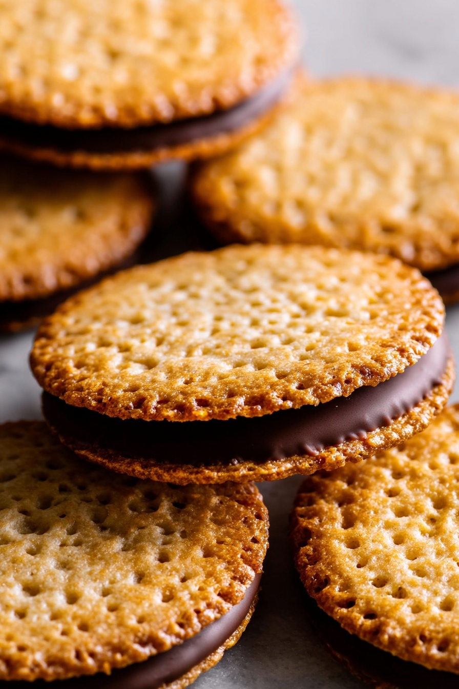 Almond Flour Lace Cookies, almond flour lace cookies recipe, delicate lace cookies, crispy almond cookies, caramelized almond cookies - The image shows several round, thin cookies placed on a dark gray cloth with a rough texture. Each cookie has a light brown, slightly golden top with small holes and a crisp, uneven surface. Some cookies are stacked in pairs, revealing a layer of chocolate in the middle, giving a sandwich-like appearance. The cookies are spread out, with some overlapping each other, and they have a slightly shiny look. photo taken with an iphone --ar 2:3 --v 7