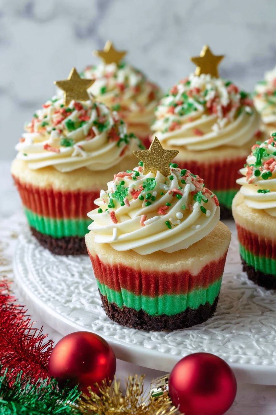Mini Christmas Oreo Cheesecakes, Christmas dessert recipes, holiday cheesecake ideas, festive mini cheesecakes, Oreo cheesecake for Christmas - The image shows six cupcakes with four visible layers set on a white marbled textured doily. The bottom layer is dark brown, followed by a creamy light beige layer, then a bright red layer, and topped with a green layer. Each cupcake is crowned with a large swirl of white frosting decorated with red, green, and gold sprinkles. A small gold star-shaped decoration sits on top of the frosting of the front cupcake. In the foreground, there are some red, shiny ornaments and green, red, and gold tinsel blurred out. Photo taken with an iphone --ar 2:3 --v 7
