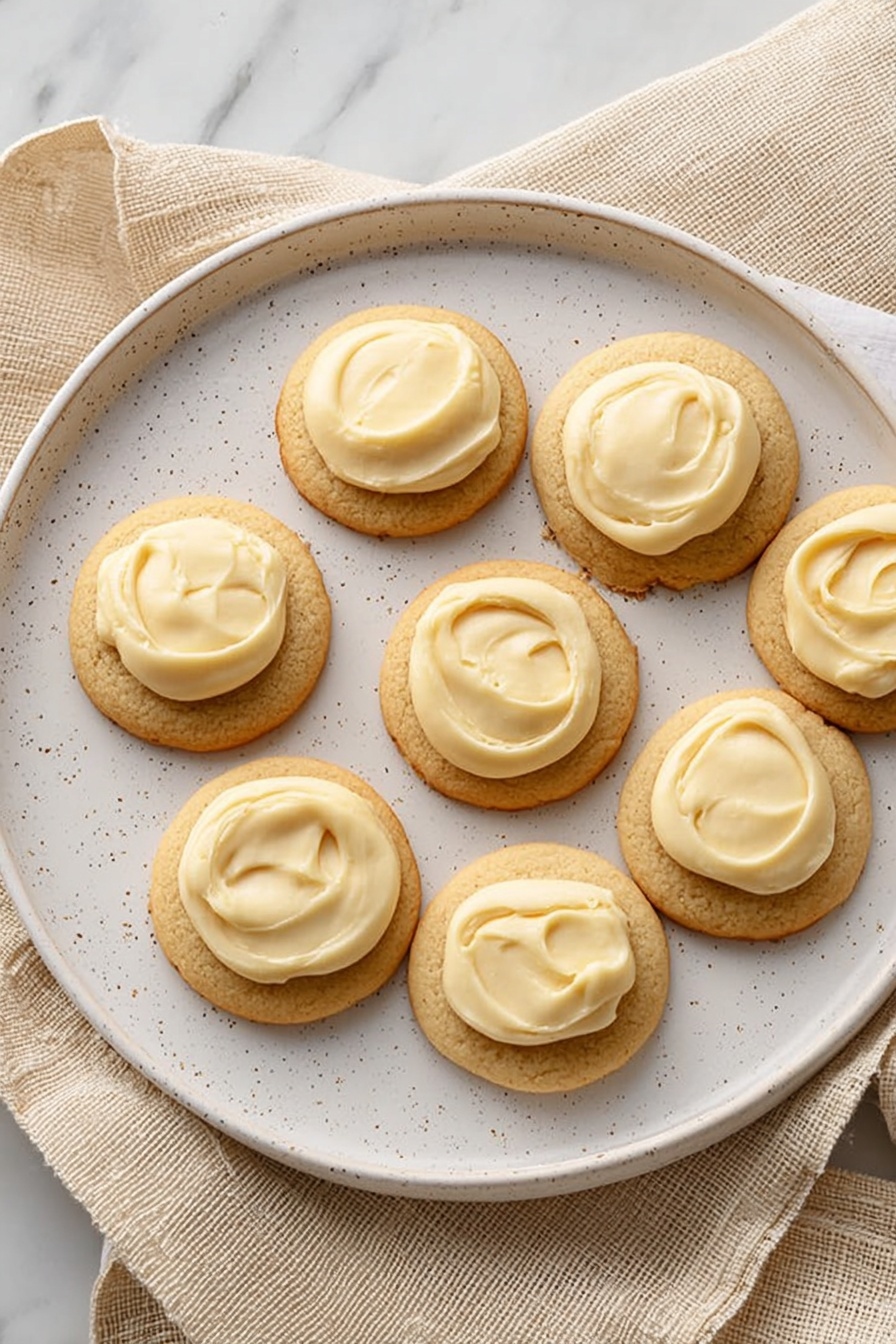 Eggnog Cookies with Creamy Icing, holiday eggnog cookies, festive eggnog cookie recipe, Christmas treats with eggnog, easy holiday cookie recipes - Seven round cookies with a light brown color and smooth texture are placed on a white speckled plate. Each cookie has a thick layer of creamy, pale yellow frosting spread on the top center, slightly glossy and soft. The plate sits on a light beige cloth with textured folds, and the background is a white marbled surface. Photo taken with an iphone --ar 2:3 --v 7