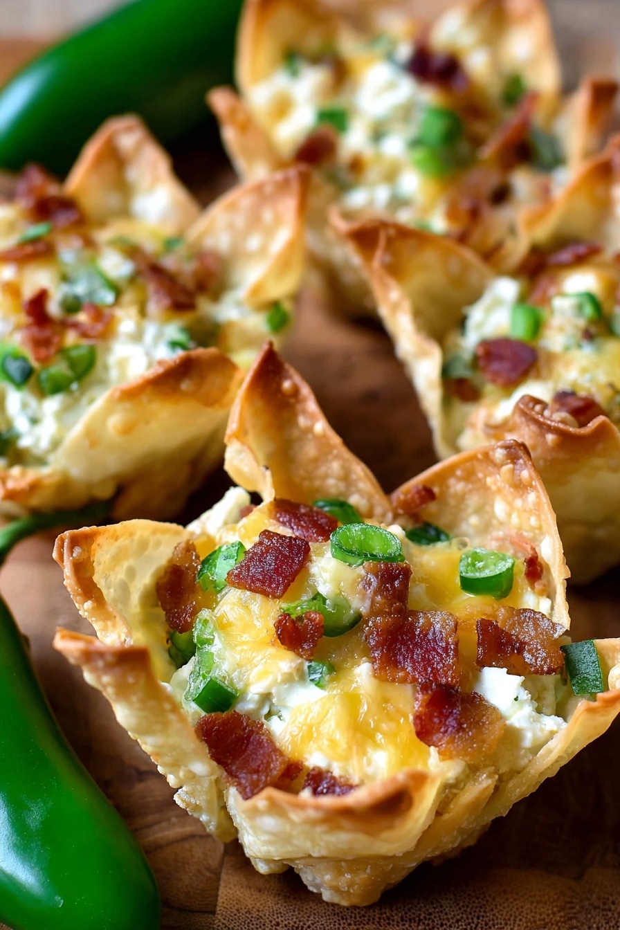 Jalapeno Popper Wonton Cups, spicy appetizer recipes, easy party snacks, baked wonton appetizer, bacon jalapeno bites - The image shows small taco cups with four layers inside each white, crispy shell. The base is a creamy, white cheese mixture. On top of this, there are pieces of green jalapeno peppers and melted bright yellow cheddar cheese scattered around. The top layer is made up of small pieces of crispy, reddish-brown bacon. The taco cups are placed on a wooden board with some green jalapenos around for decoration. Photo taken with an iphone --ar 2:3 --v 7