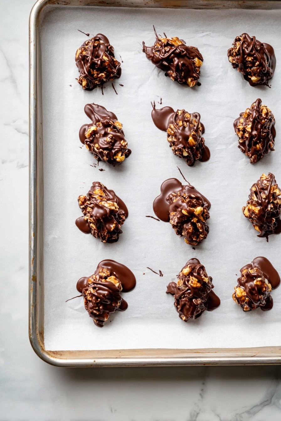 Chocolate Covered Peanut Butter Dates, healthy date snacks, quick dessert recipes, sweet and salty snacks, chocolate peanut butter bites - The image shows a metal baking tray lined with white parchment paper, holding 14 small clusters of nuts that are partially covered with melted dark chocolate. Each cluster is irregular in shape, with a rough texture from the nuts, and glossy chocolate drizzled unevenly over the top, pooling slightly on the parchment underneath some pieces. The tray rests on a white marbled surface, and the overall look is neat but rustic, with the chocolate giving a shiny, smooth contrast to the crunchy nuts. photo taken with an iphone --ar 2:3 --v 7