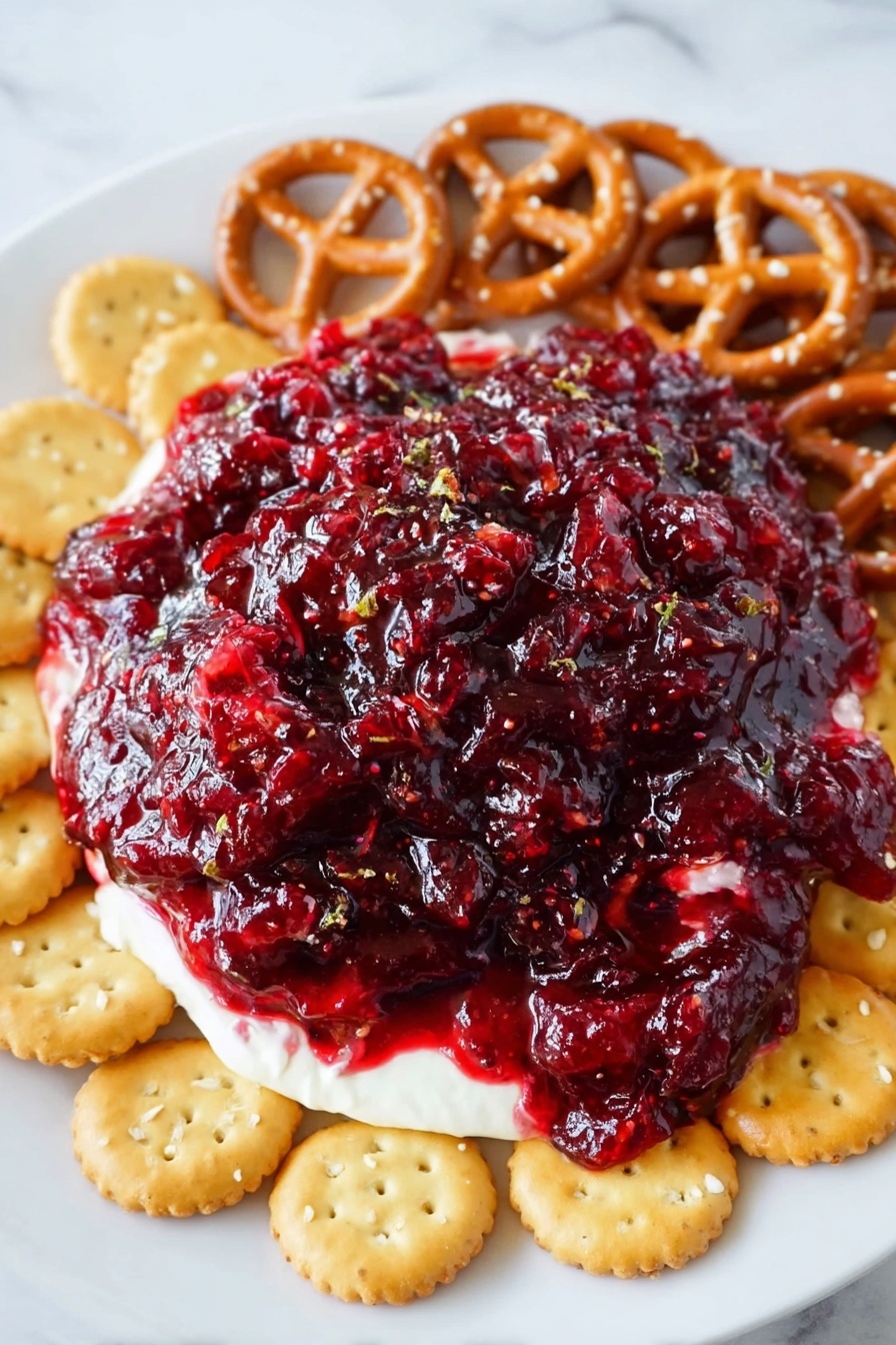 Cranberry Cream Cheese Dip, Christmas cranberry dip, holiday appetizer ideas, easy holiday dips, festive cream cheese dip - The image shows a white plate with a thick, chunky deep red cranberry sauce piled on top of a layer of creamy white cheese or cream underneath, visible only at the edges. The cranberry sauce has a shiny texture with bits of cranberries and small chunks mixed in, creating a rich, uneven surface. The plate is surrounded by two different kinds of crackers arranged closely along the edge; on the top and right sides are light brown pretzel crackers with a twisted shape, and on the bottom and left sides are round, golden crackers with salted tops. All of this is placed on a surface with a white marbled texture. photo taken with an iphone --ar 2:3 --v 7