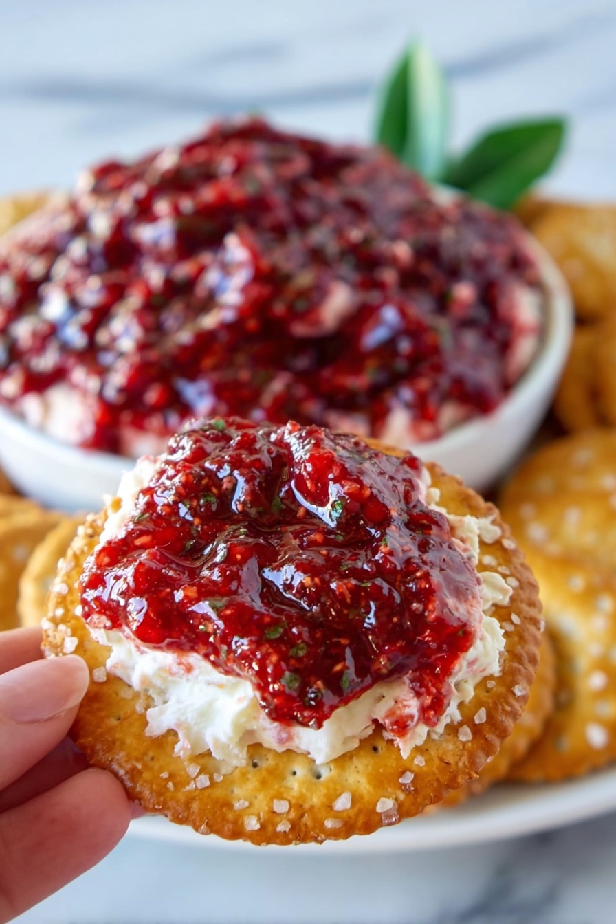 Cranberry Cream Cheese Dip, Christmas cranberry dip, holiday appetizer ideas, easy holiday dips, festive cream cheese dip - A close-up of a woman's hand holding a round, golden-brown cracker sprinkled with salt. The cracker is topped with two layers: a creamy white layer underneath and a sticky red fruit layer on top, with visible small chunks and seeds giving it a textured look. In the background, a white bowl filled with the same layered spread sits on a white marbled surface, slightly blurred, with a green leaf garnish adding a touch of color. Photo taken with an iphone --ar 2:3 --v 7