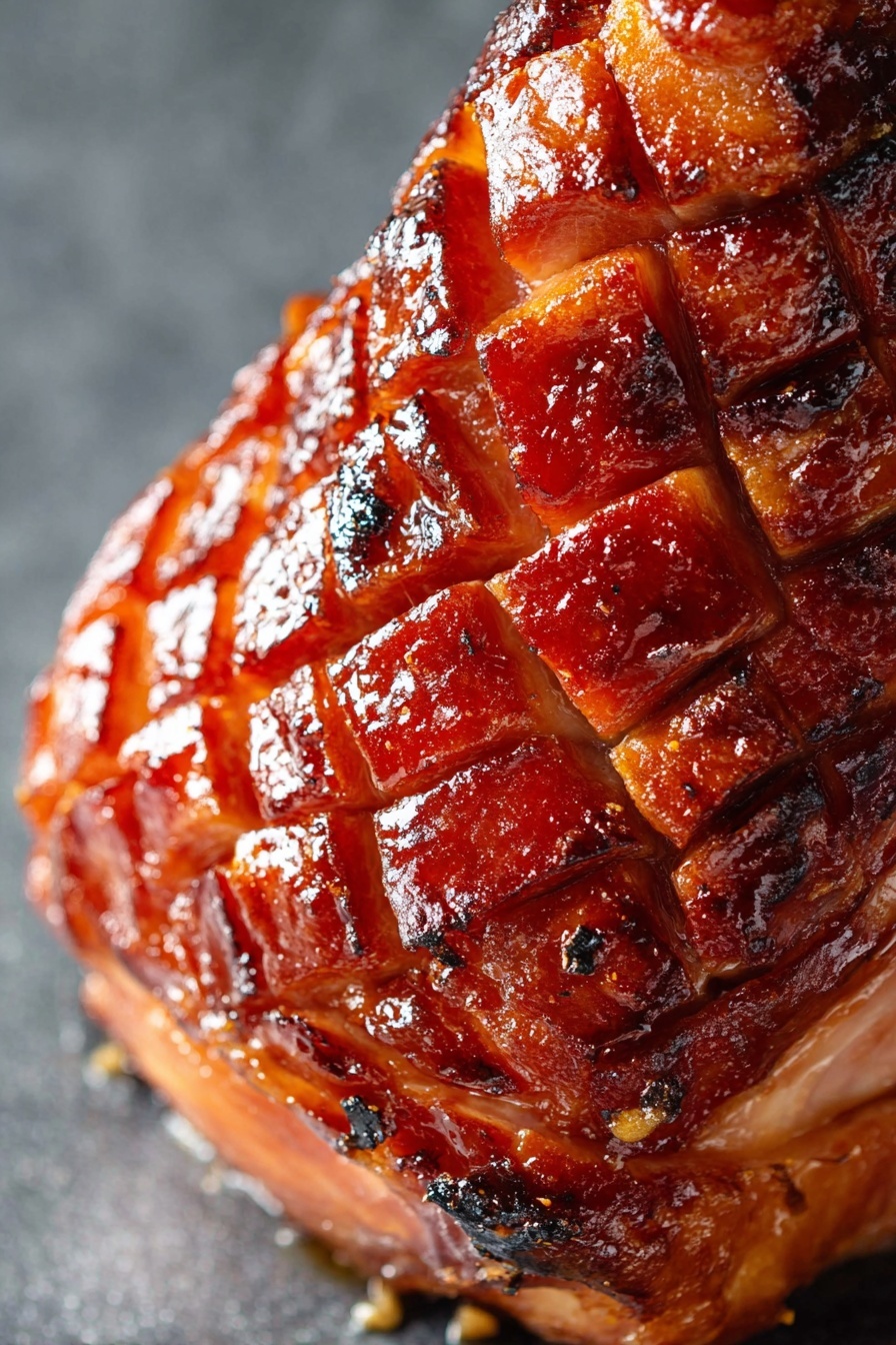 Brown Sugar Mustard Glazed Ham, ham glaze recipe, holiday ham ideas, baked ham with sweet glaze, easy ham dinner - The image shows a close-up of a cooked ham with a shiny, caramelized surface. The ham is scored in a diamond pattern, with the cuts revealing juicy layers beneath the crispy outer skin. The glaze on the ham gives it a glossy, reddish-brown color that shines under the light, highlighting the texture and slight charring at the edges. The background is a soft, blurred gray, which makes the ham stand out clearly. Photo taken with an iphone --ar 2:3 --v 7