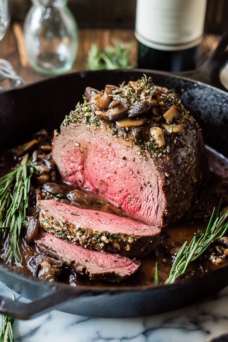 Rosemary Garlic Roast Beef, Garlic Herb Roast Beef, Elegant Roast Beef Recipe, Juicy Roast Beef, Searing Roast Beef - A thick, round piece of cooked beef sits in the center of a black cast iron pan on a white marbled surface, with the top showing a browned crust covered in herbs and small mushroom pieces. Three slices cut from the beef reveal a pink center with a juicy texture, layered with bits of herbs and mushrooms on top, resting in a dark brown mushroom sauce that fills the pan base. There are sprigs of fresh green rosemary inside the pan near the meat, and in the background, there is a blurry bottle and a clear glass jar. The photo captures a warm, close-up view. Photo taken with an iphone --ar 2:3 --v 7