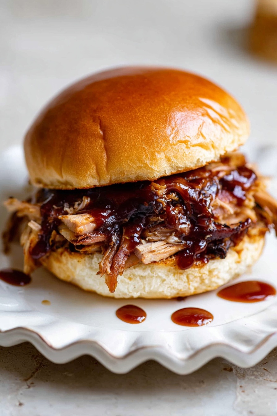 Slow Cooker Pulled Pork, Pulled Pork recipe, tender slow cooker pork, easy pork dinner, homemade pulled pork - A sandwich with three main layers: the top is a shiny, golden brown bun with a soft texture; the middle layer is pulled meat with charred edges covered in a glossy, dark reddish-brown sauce, adding shine and moisture; the bottom layer is the other half of the bun, also golden brown and soft. The sandwich sits on a white scalloped plate, which rests on a white marbled surface. There are small drops of the dark sauce visible around the plate, adding interest to the scene. photo taken with an iphone --ar 2:3 --v 7
