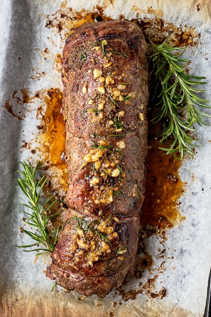 Juicy Beef Tenderloin Roast, beef tenderloin cooking tips, juicy roast beef recipe, how to cook beef tenderloin, tenderloin roast ideas - A long, brown roast with a slightly crispy surface covered in small bits of golden toasted garlic and herbs sits on a sheet of baking paper that is browned and stained with cooking juices. The roast has a rough texture with some darker seared spots all over, and it is tied with string around it to keep its shape. Next to the roast, on the white marbled surface beneath the baking paper, are two fresh sprigs of green rosemary adding a pop of color. Photo taken with an iphone --ar 2:3 --v 7