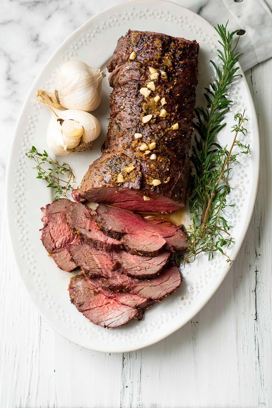 Juicy Beef Tenderloin Roast, beef tenderloin cooking tips, juicy roast beef recipe, how to cook beef tenderloin, tenderloin roast ideas - The image shows a white oval plate on a white marbled surface holding a cooked beef roast. The roast has a dark brown, seasoned top layer with visible bits of garlic and herbs. Part of the roast is sliced into several medium-thin pieces, revealing a pink, juicy inside with a slight sear on the edges. Two whole heads of garlic and small sprigs of fresh rosemary lie beside the meat on the plate. The plate has a textured rim with a handle on the bottom side. photo taken with an iphone --ar 2:3 --v 7