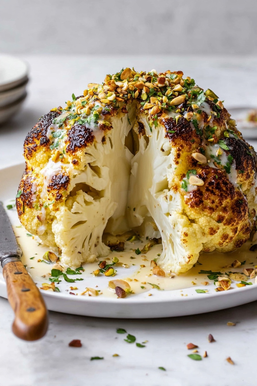 Roasted Cauliflower with Tahini Sauce, healthy roasted cauliflower, tahini cauliflower recipe, veggie side dish with tahini, easy roasted cauliflower - A whole roasted cauliflower is placed on a white plate with a slice taken out from the front, showing the creamy white interior layers of the cauliflower. The outside is golden with charred dark brown spots, covered in a light creamy sauce that drips down the sides. On top, there are chopped green herbs and crushed nuts sprinkled for texture and color. A knife with a wooden handle lays on the plate beside the cauliflower. The setting is on a white marbled surface. Photo taken with an iphone --ar 2:3 --v 7
