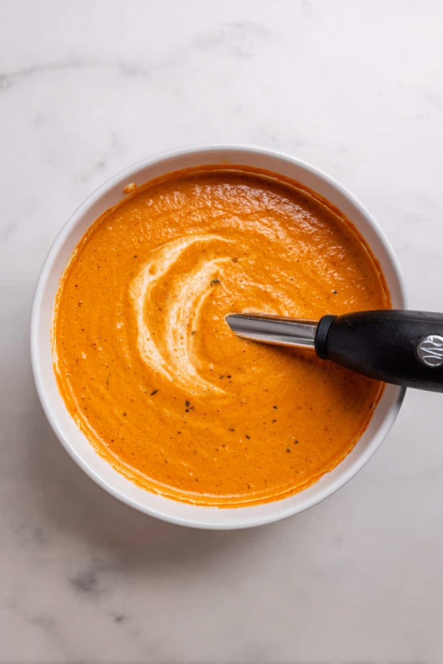 Creamy Roasted Vegetable Soup, roasted veggie soup, hearty vegetable soup, easy creamy vegetable soup, healthy roasted vegetable soup - A bowl filled with thick, smooth orange sauce sits on a white marbled surface. The sauce shows some specks, likely herbs or spices, and has a swirl of lighter cream creating a small curved pattern on top. A black immersion blender is dipped into the bowl, partially blending the swirl into the sauce. The bowl itself is white, round, and simple, with the sauce evenly filling most of it. photo taken with an iphone --ar 2:3 --v 7