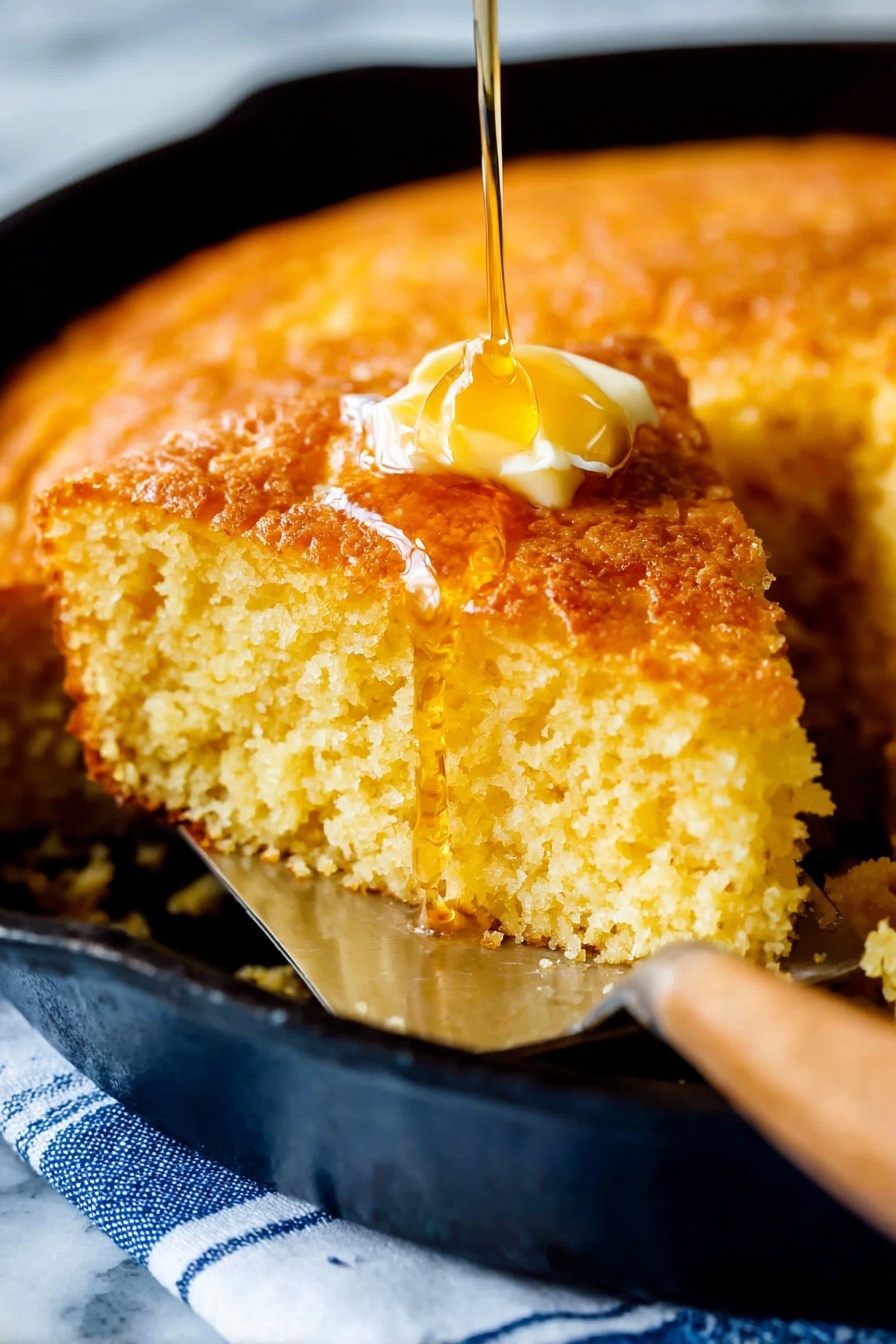 Moist Homemade Cornbread, best cornbread recipe, easy cornbread from scratch, tender sweet cornbread, homemade cornbread tips - A golden brown cornbread is shown in a black cast iron skillet with a slice removed. The top layer is crispy and crumbly with a shiny spot where a small piece of butter is melting. The inside is light yellow and moist with a soft texture. A metal spatula with a wooden handle is partly under the removed slice, resting inside the skillet. The skillet is on a blue and white striped cloth over a white marbled surface. Photo taken with an iphone --ar 2:3 --v 7