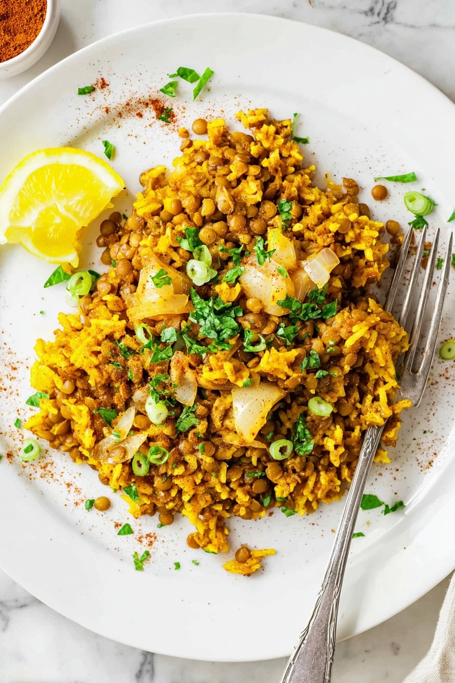 Savory Lentil and Rice Mujadara, Mujadara Middle Eastern dish, How to make Mujadara, Lentil and rice recipes, Hearty vegetarian meals - The image shows a white plate filled with a mix of yellow rice and brown lentils, topped with small pieces of cooked onion that have a soft, slightly translucent texture. On top, there are chopped green herbs and thin slices of green onion scattered around, adding a fresh touch. On one side of the plate, there is a small lemon wedge placed close to the rice and lentils. The plate rests on a white marbled surface, and a silver fork is placed to the right of the plate. Some drops of oil and a light sprinkling of spice powder are visible on the plate near the food. photo taken with an iphone --ar 2:3 --v 7