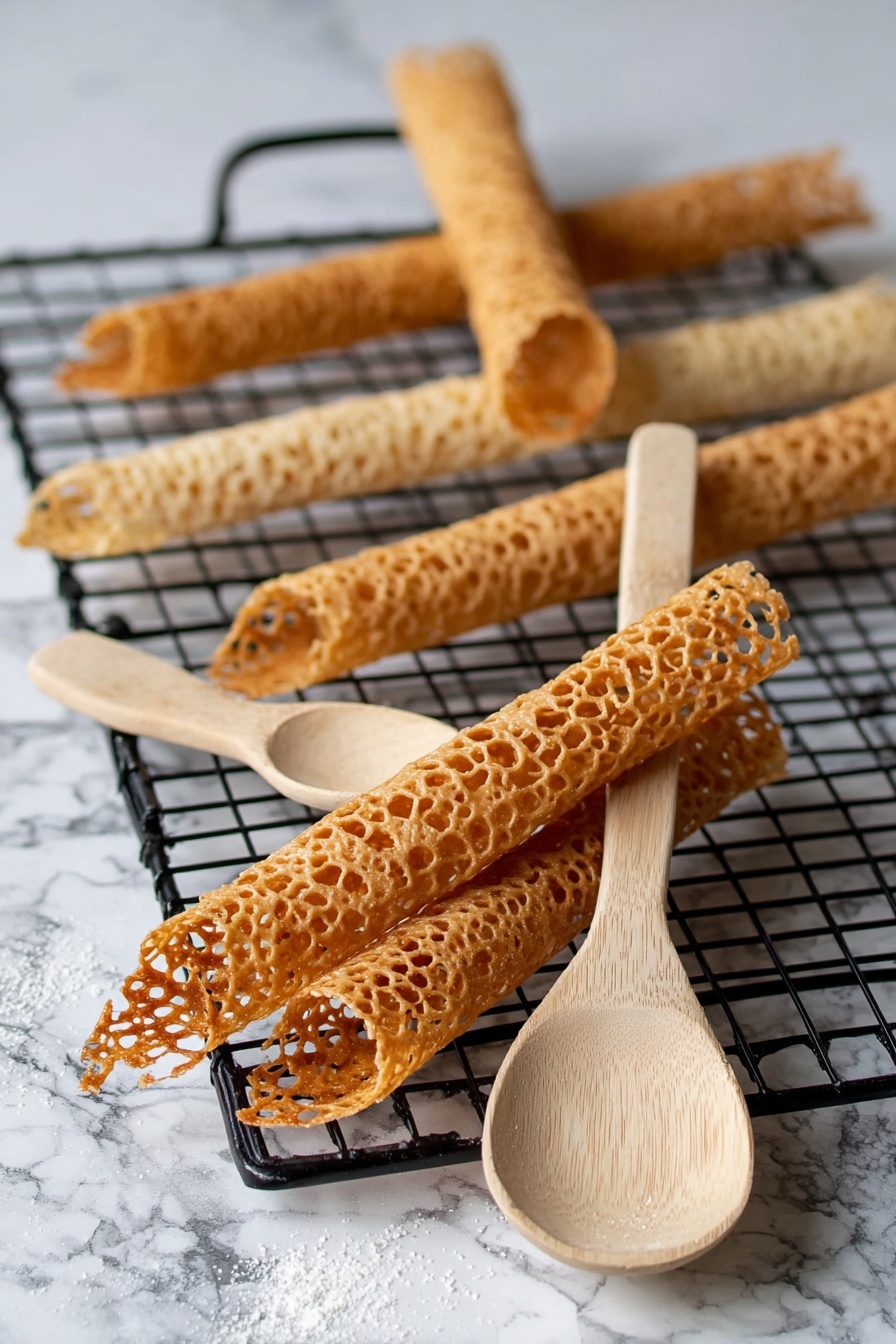 Easy Brandy Snaps, crispy ginger brandy snaps, homemade brandy snap cookies, simple festive treats, quick dessert ideas - The image shows thin, golden brown lace cookies with a holey texture placed on a black cooling rack, lying on a white marbled surface. There are several rolled cookies scattered around, with two partially wrapped around the handles of light wooden spoons positioned diagonally in the front center of the image. The lace patterns are delicate and lacy, and the cookies appear crispy and slightly shiny. The wooden spoons have a natural grain and smooth texture. Photo taken with an iphone --ar 2:3 --v 7