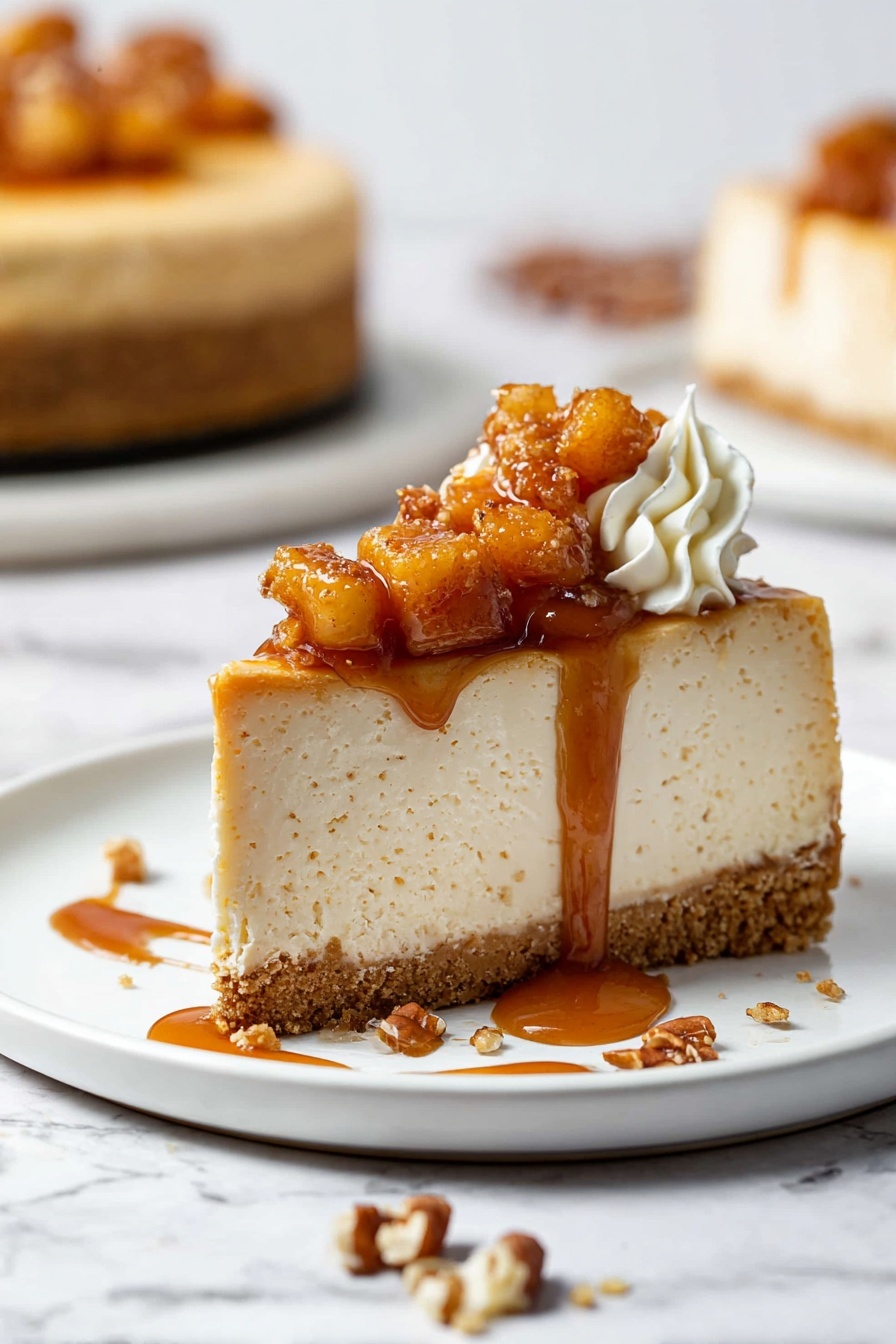 Caramel Apple Cheesecake, fall cheesecake recipes, caramel apple dessert, apple cheesecake with caramel, easy fall desserts - A slice of cheesecake with three layers is shown on a white plate. The bottom layer is a crumbly, light brown crust. The middle layer is thick, creamy, and pale beige with tiny specks. The top layer has a mix of caramelized, golden-brown small fruit pieces covered in shiny brown syrup that drips down the side. On one side of the slice, there is a small swirl of white whipped cream. Small nut pieces are scattered around the plate on a white marbled surface. In the background, there is a blurred view of more cheesecake slices on a white plate. Photo taken with an iphone --ar 2:3 --v 7