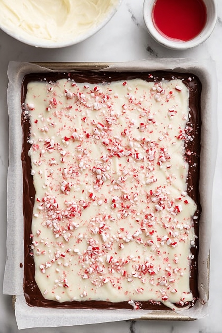 Peppermint Bark Chocolate Christmas Holiday Treats Easy Peppermint Bark - A rectangular baking tray lined with parchment paper holds a layered peppermint bark. The bottom layer is dark chocolate, smooth and shiny with slightly uneven edges extending close to the parchment's border. On top, there is a thick layer of white chocolate, creamy and textured, spread evenly but with natural ripples. The white chocolate layer is sprinkled generously with small, crushed red peppermint pieces scattered across the entire surface, adding a festive red and white contrast. In the top left corner of the image, a small white bowl with a creamy white mixture is partially visible, and a small white bowl with red liquid is nearby on a surface that looks like white marble. Photo taken with an iphone --ar 2:3 --v 7