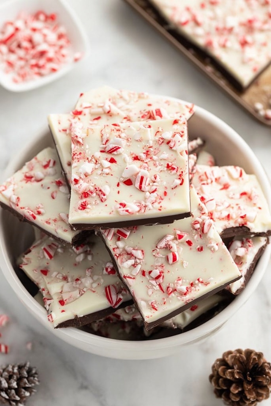 Peppermint Bark Chocolate Christmas Holiday Treats Easy Peppermint Bark - The image shows a white bowl filled with stacked peppermint bark pieces. Each piece has two visible layers: a bottom dark chocolate layer and a thick top white chocolate layer sprinkled with crushed red and white peppermint candy bits. The bowl is set on a white marbled surface. Around the bowl, there is a small white dish with more crushed peppermint candies and a few small pine cones for decoration. A corner of a tray with more peppermint bark is partly visible in the upper right. The overall look is clean and festive with a focus on the contrasting dark and white chocolate layers topped with bright candy pieces. photo taken with an iphone --ar 2:3 --v 7