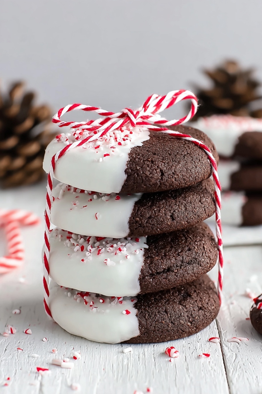 Dark Chocolate Candy Cane Cookies, festive holiday cookies, easy chocolate peppermint cookies, Christmas cookie recipes, peppermint candy cane treats - A stack of five dark brown round cookies is shown, each half dipped in white icing with small red and white sprinkles on the icing. The cookies are tied together with a thin red and white striped string, forming a bow on top. The texture of the cookies looks soft but firm, and the white icing has a smooth finish with crisp sprinkle bits. They rest on a white wood surface with some scattered sprinkles and pinecones in the blurred background. Photo taken with an iphone --ar 2:3 --v 7