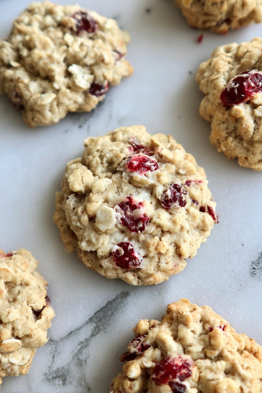 Oatmeal Cranberry Cookies, Cranberry Oatmeal Cookies, Chewy Cranberry Cookies, Easy Cranberry Cookies, Tart and Sweet Cookies - The image shows several round oatmeal cookies with visible red cranberry pieces scattered inside. The cookies have a rough and chunky texture with a golden-brown color. They rest directly on a white marbled textured surface with some gray and red marks. The cookies have an uneven, homemade look with a soft, crumbly appearance and slight cracks on the surface. Photo taken with an iphone --ar 2:3 --v 7