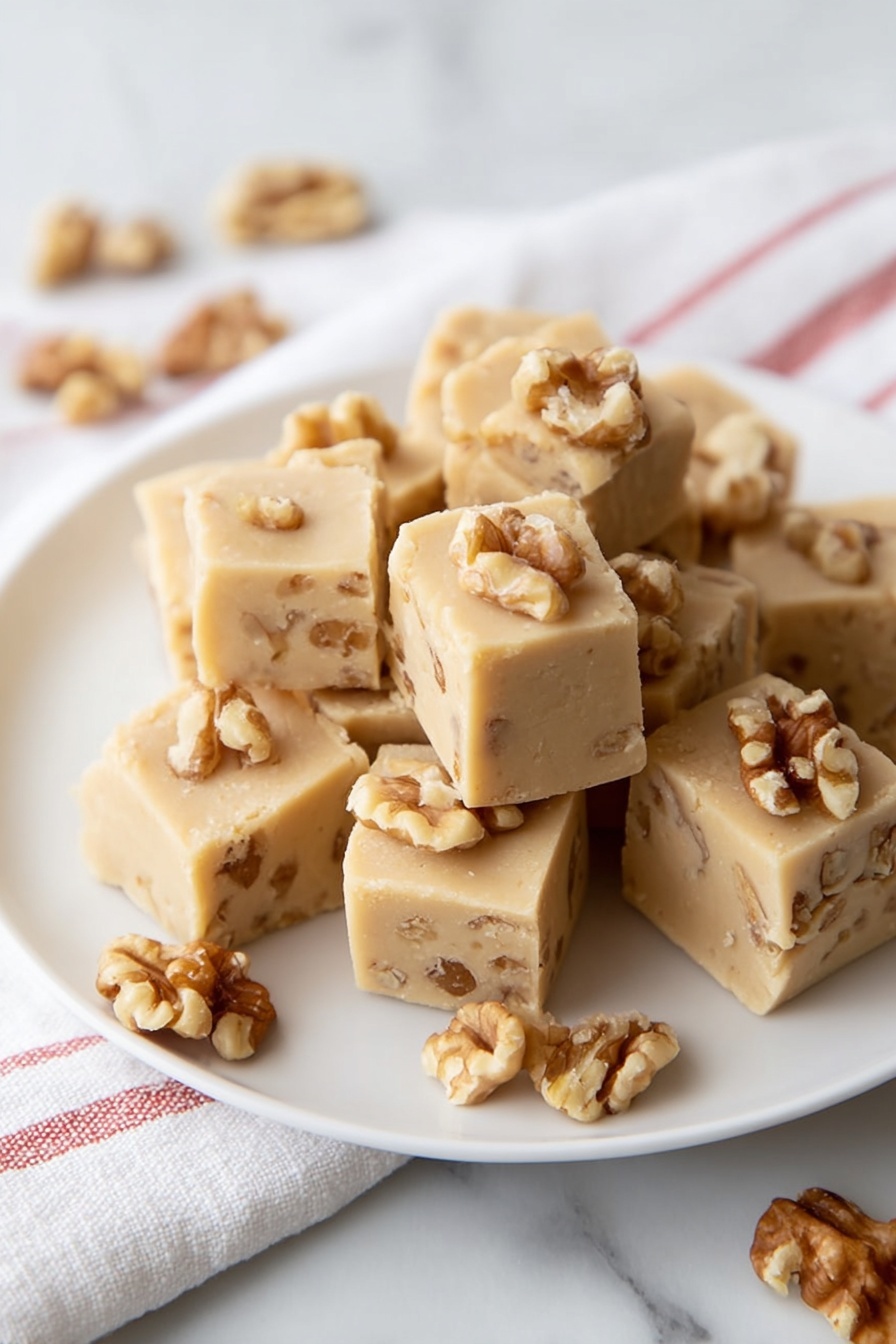 Maple Walnut Fudge, maple walnut fudge recipe, easy maple fudge, homemade walnut fudge, quick fudge with maple and walnuts - A white plate holds around ten square pieces of light beige fudge with a smooth but slightly crumbly texture, each piece studded with small chunks of brown walnuts inside and a few walnut pieces on top. Some walnut pieces are scattered around the plate. The plate rests on a white marbled surface with a white cloth that has thin red stripes beside it. The photo taken with an iphone --ar 2:3 --v 7