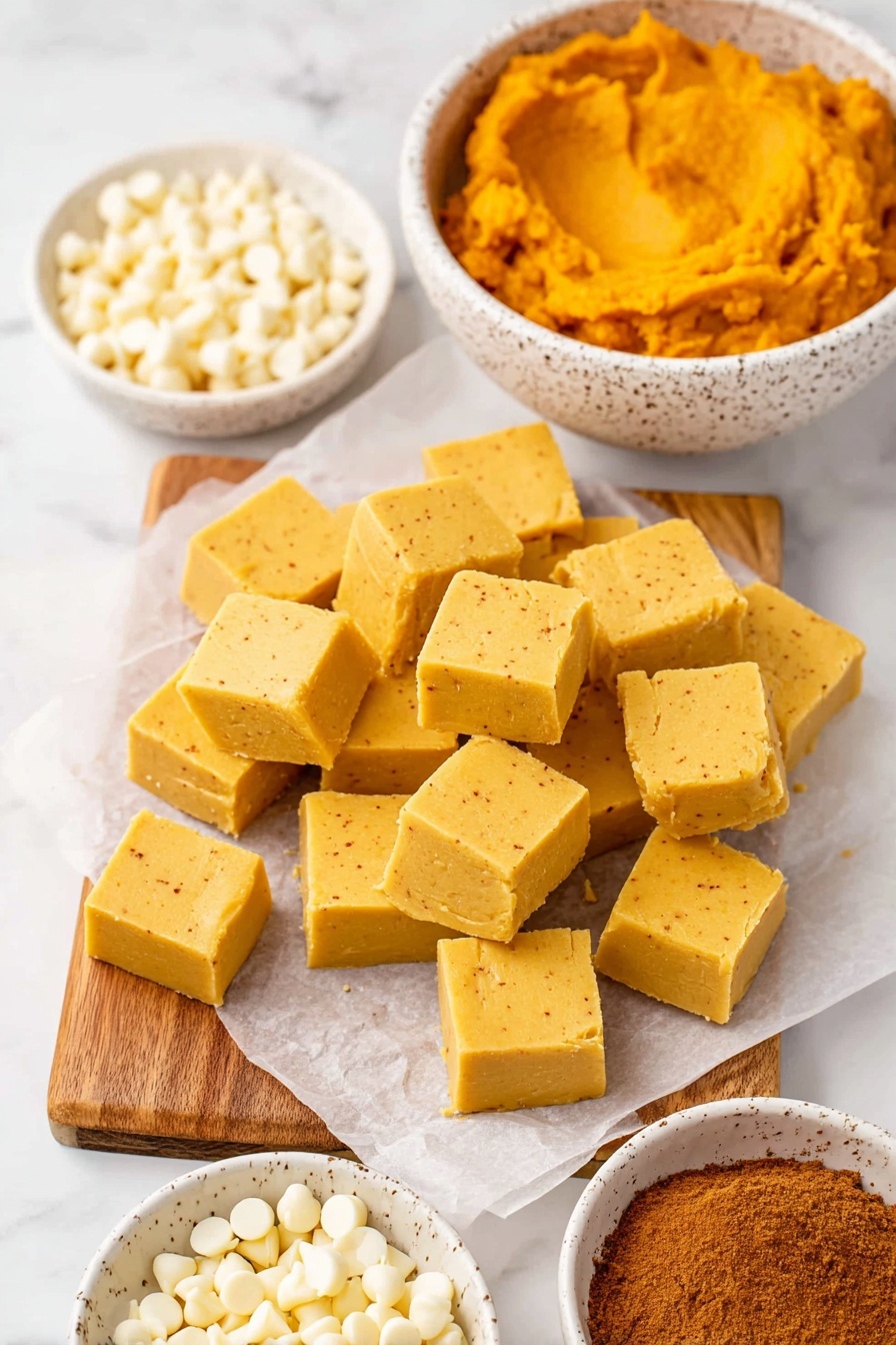 Pumpkin White Chocolate Fudge, fall dessert recipes, easy pumpkin fudge, no-bake pumpkin treats, creamy pumpkin fudge - The image shows many small square pieces of yellow fudge placed on white parchment paper over a wooden board. The fudge pieces are smooth and have a soft texture with slight spice specks visible. Above the fudge, there is a white speckled bowl filled with bright orange pumpkin puree, smooth and thick. In the bottom left corner, there is a white speckled bowl full of white chocolate chips, and at the bottom right, another bowl has a brown powdered spice, likely cinnamon. The whole scene is set on a white marbled surface. photo taken with an iphone --ar 2:3 --v 7