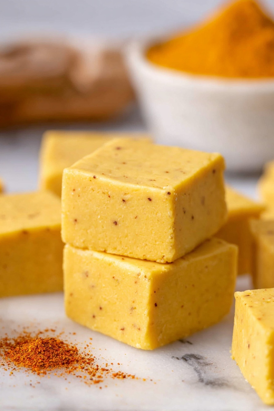 Pumpkin White Chocolate Fudge, fall dessert recipes, easy pumpkin fudge, no-bake pumpkin treats, creamy pumpkin fudge - The image shows several smooth, square pieces of yellow fudge with small specks of spices visible throughout. Two squares are stacked at the center, with more scattered around them on a white marbled surface. In the background, there is a white bowl filled with an orange powder, slightly blurred to keep the focus on the fudge squares. A small amount of the spice is sprinkled near the front on the marbled surface. photo taken with an iphone --ar 2:3 --v 7