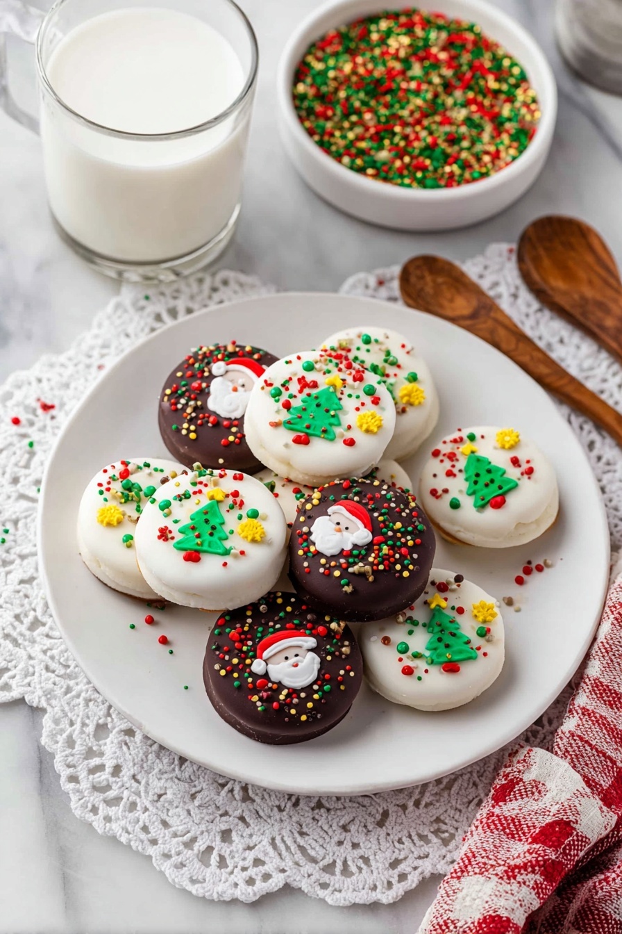 Homemade Peanut Butter Cups with Chocolate, easy peanut butter cup recipe, homemade candy, chocolate peanut butter treats, no-bake peanut butter cups - A white plate holds about ten small round cookies or candies, layered in a slightly messy pile. The treats come in two types: one with smooth white tops and the other with smooth dark brown tops. Each is decorated with colorful sprinkles in red, green, yellow, and a few red pearls, plus small flat decorations shaped like Christmas trees and Santa faces. The white ones have green, yellow, and red sprinkles with small Christmas shapes. The dark brown ones have similar sprinkles and Christmas tree or Santa decorations. Behind the plate is a clear glass of white milk and a small white bowl filled with the same green, red, and yellow sprinkles. The plate sits on a white marbled surface covered partially by a white lace cloth, and there are wooden measuring spoons to the right side of the plate. photo taken with an iphone --ar 2:3 --v 7